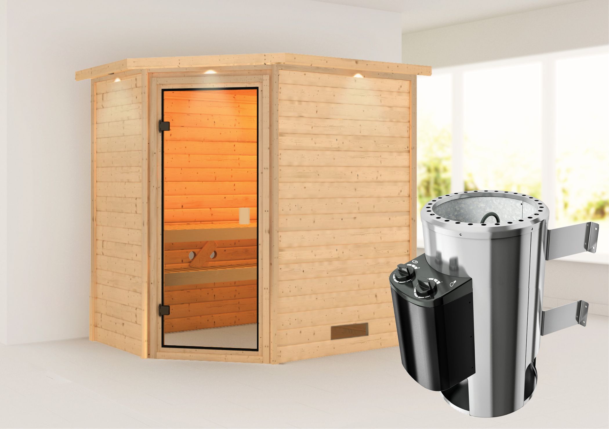 Außenansicht der Karibu Sauna Jella aus nordischer Fichte mit Ganzglastür und Fronteinstieg