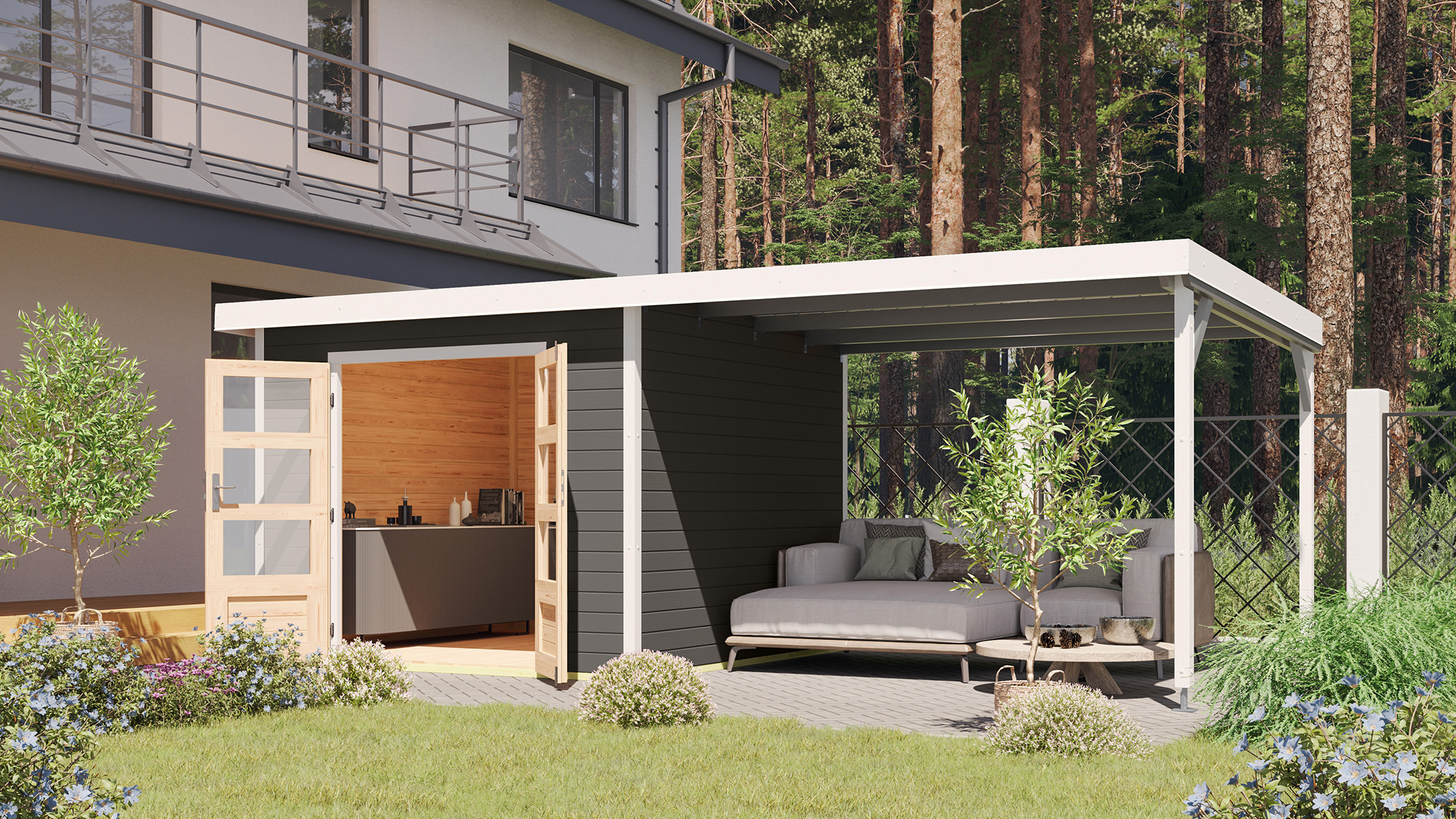 Pluto 6 terragrau mit 3,00 m Anbaudach / Metall: weiß / Lagerabverkauf