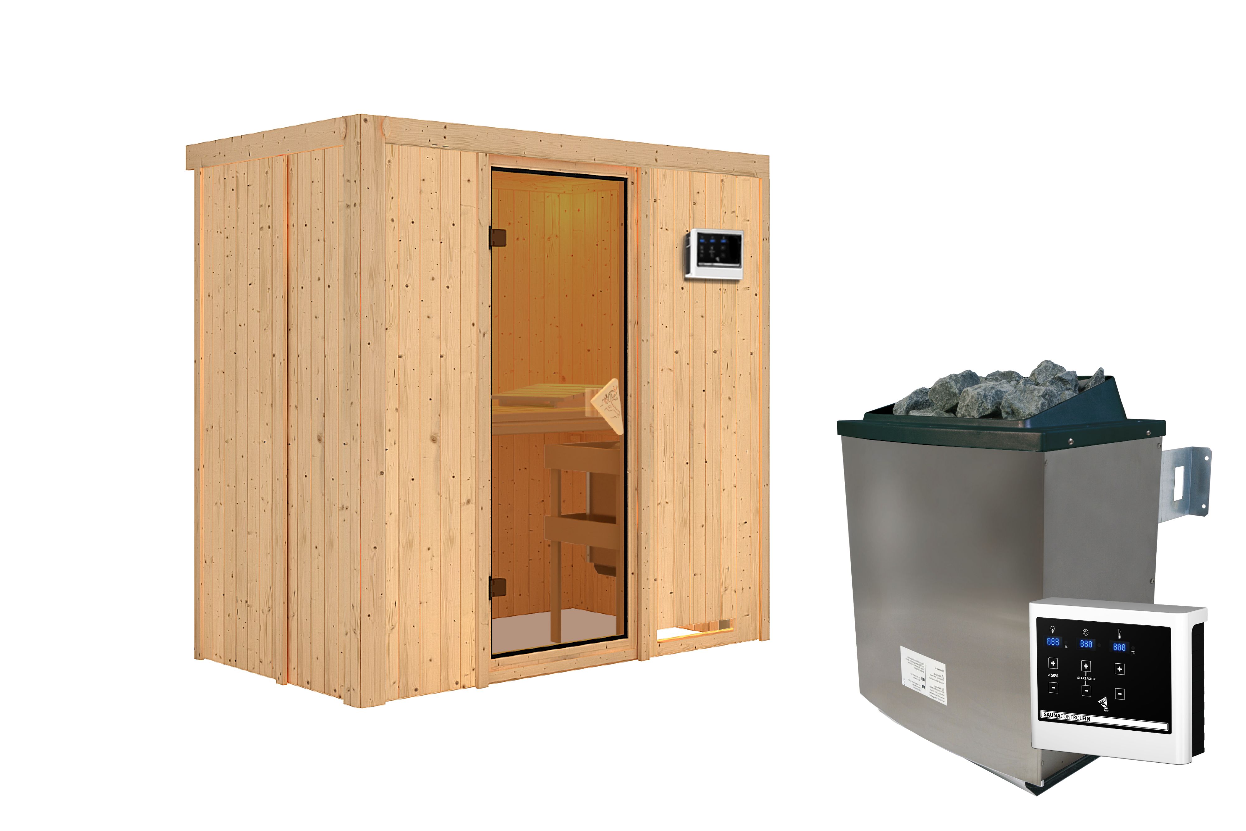 Innenansicht der Karibu Sauna Variado mit Liegen und Kopfstütze aus hellem Espenholz