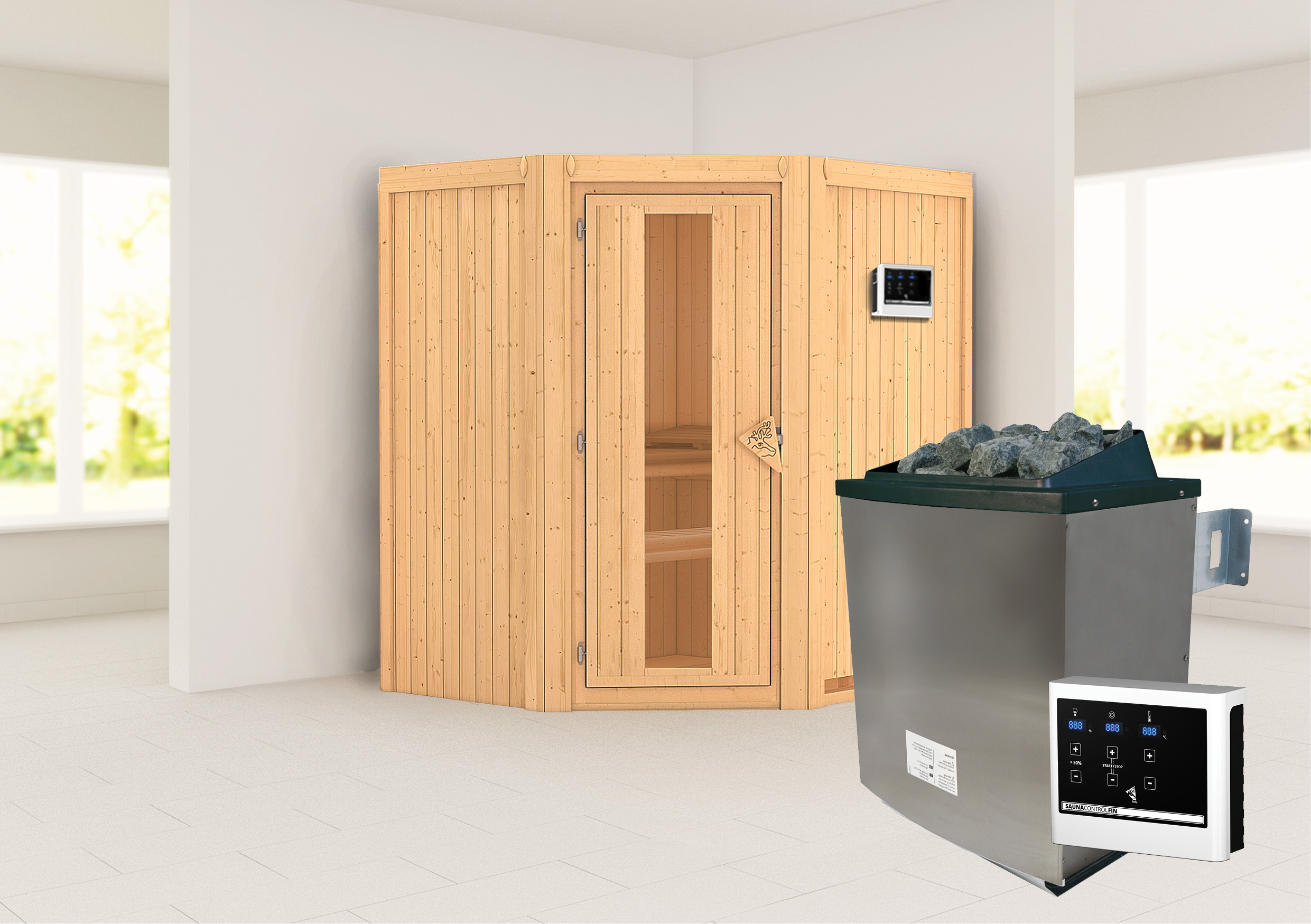 Außenansicht der Karibu Sauna Taurin aus nordischer Fichte mit isolierter Holztür und Fronteinstieg
