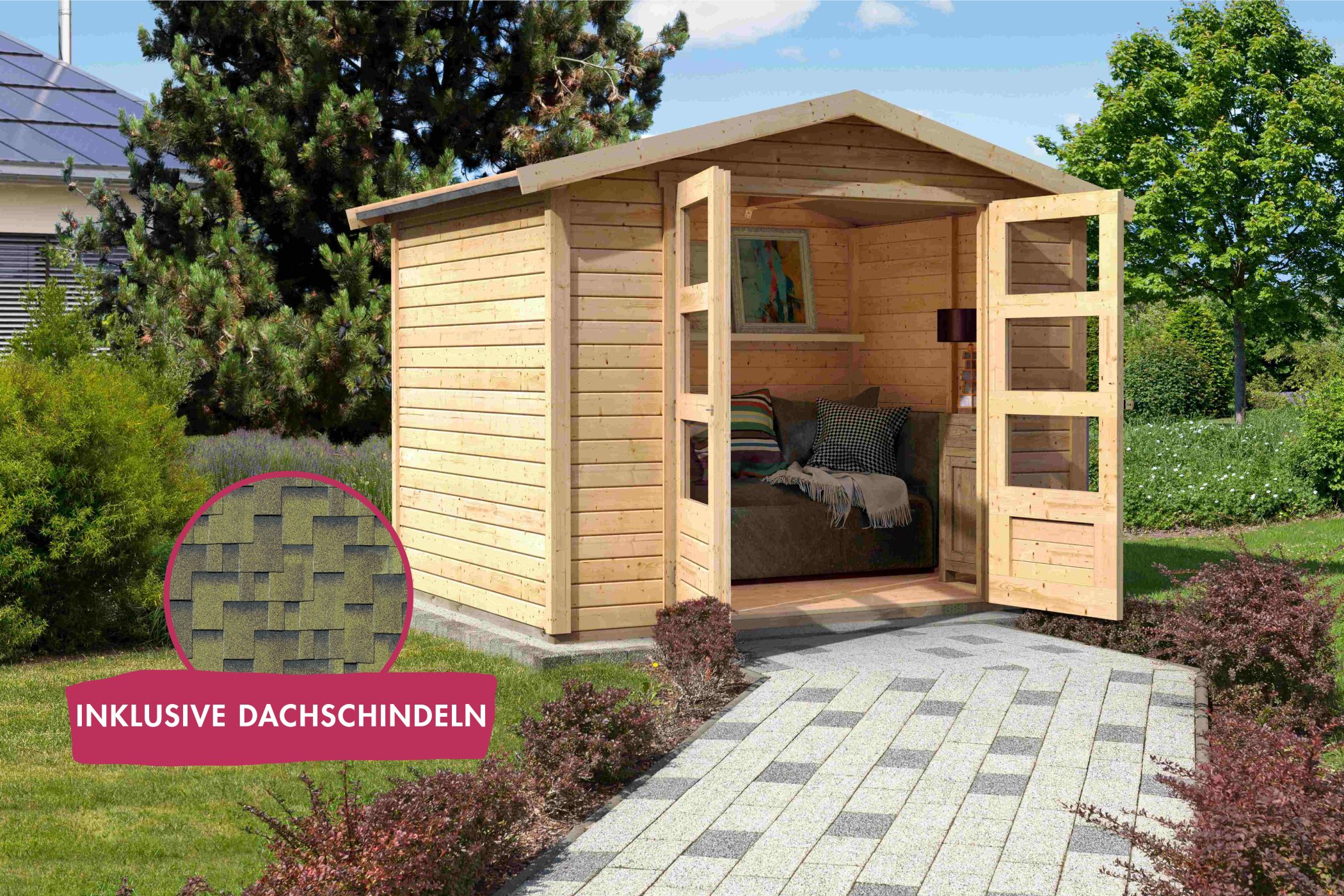 Gartenhaus Amberg 4 natur inkl. Dachschindeln Asymmetrisch zedernholz / Lagerabverkauf