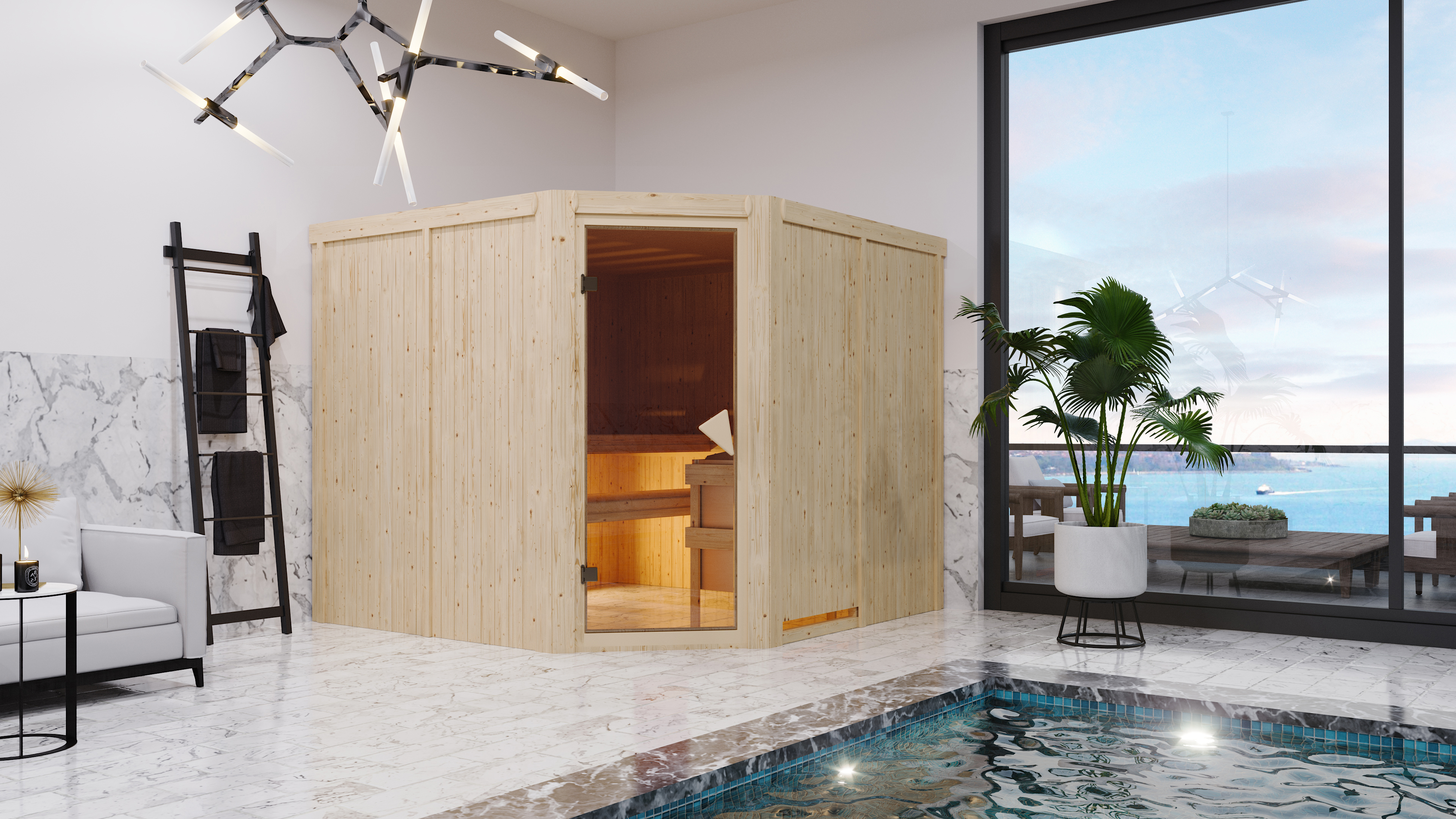 Karibu Sauna Malin als stimmungsvoller Wellnessbereich in einem modern eingerichteten Wohnraum
