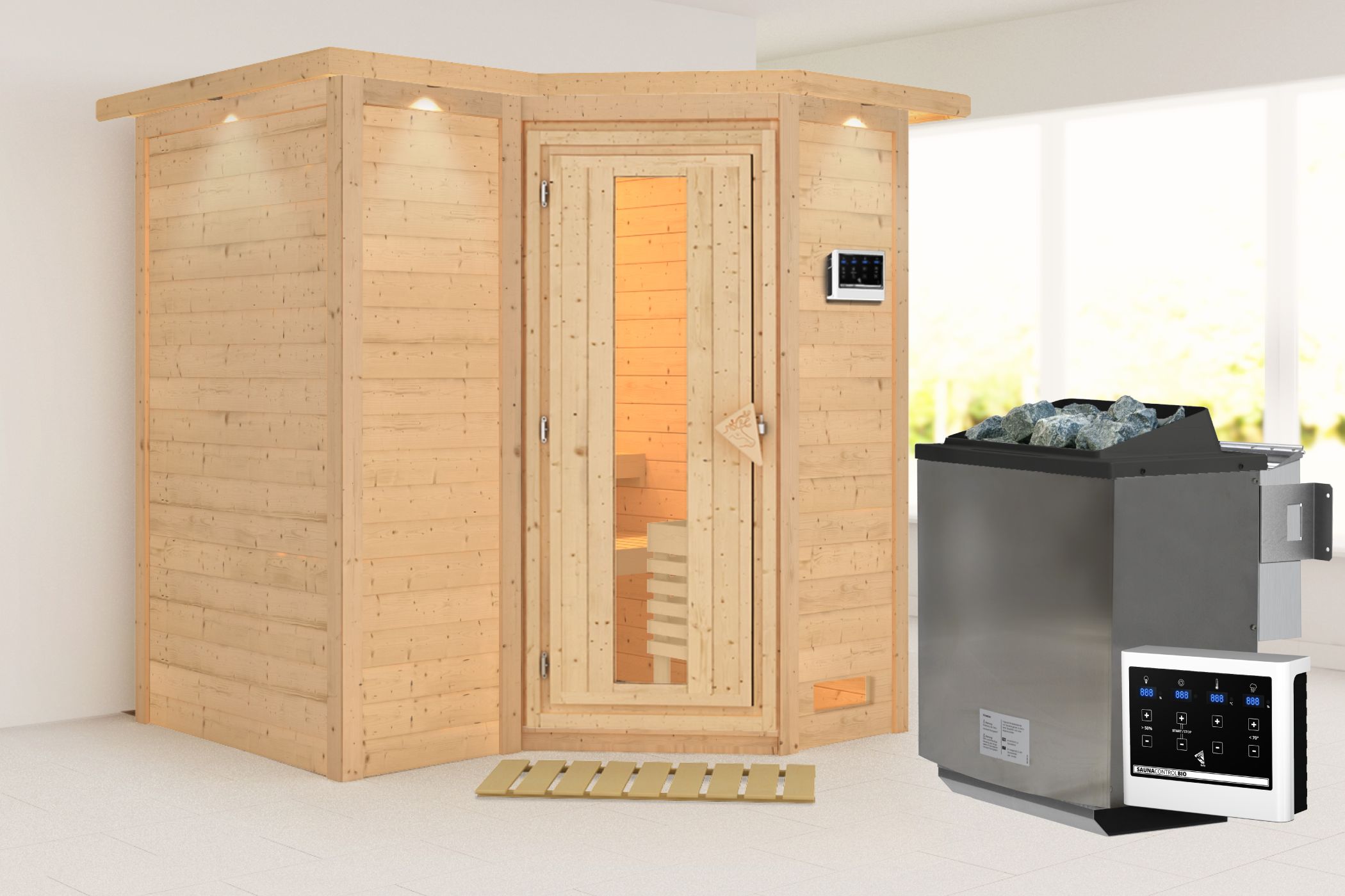 Außenansicht der Karibu Sauna Sahib 1 aus nordischer Fichte mit isolierter Holztür und Fronteinstieg