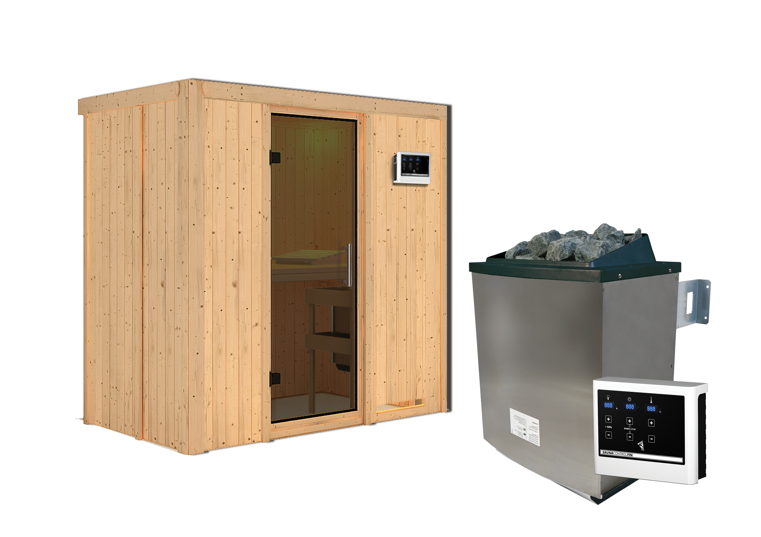Innenansicht der Karibu Sauna Variado mit Liegen und Kopfstütze aus hellem Espenholz