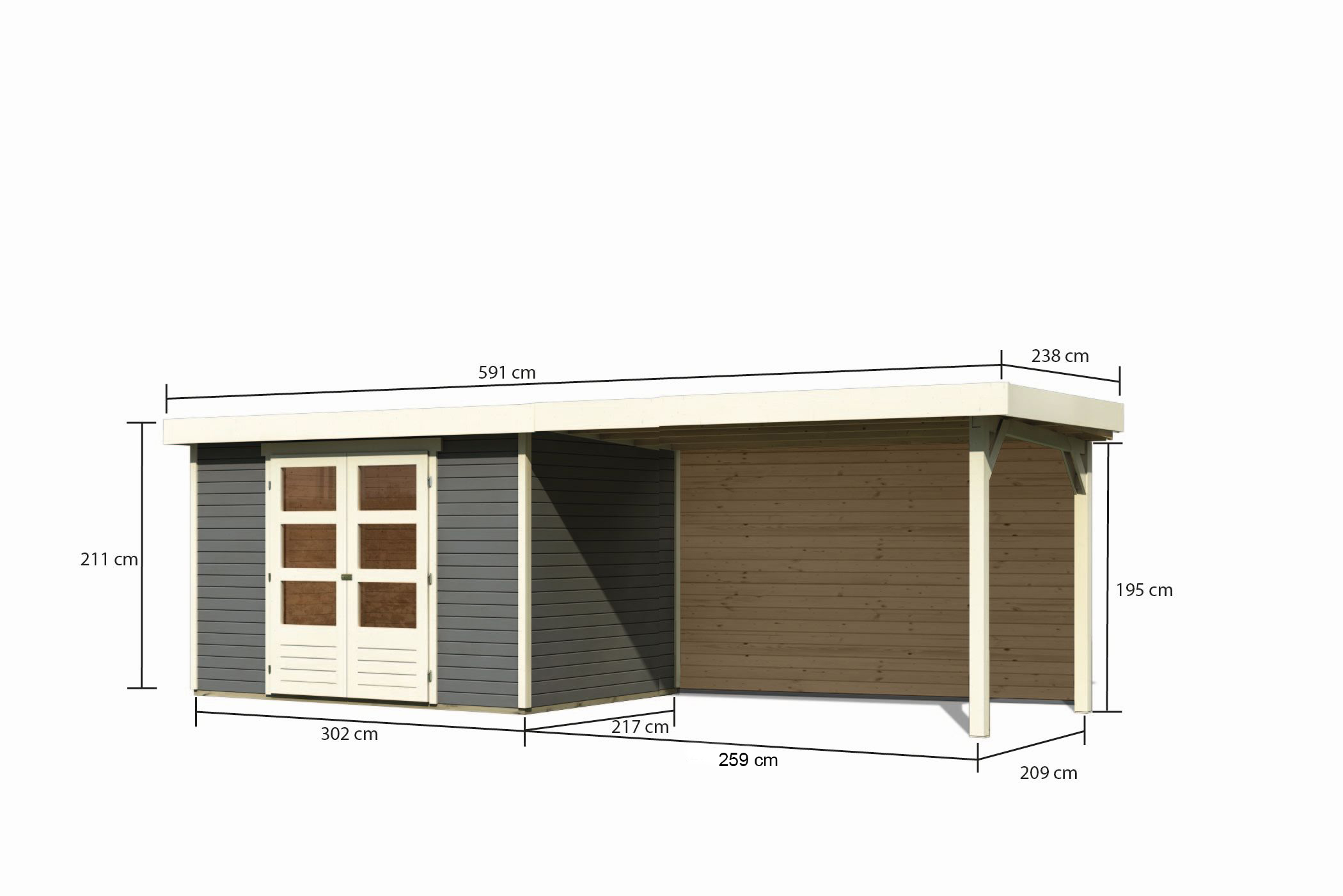 Bemaßte Maßzeichnung des Karibu Gerätehaus Askola 4 mit Anbaudach, 592 × 238 cm
