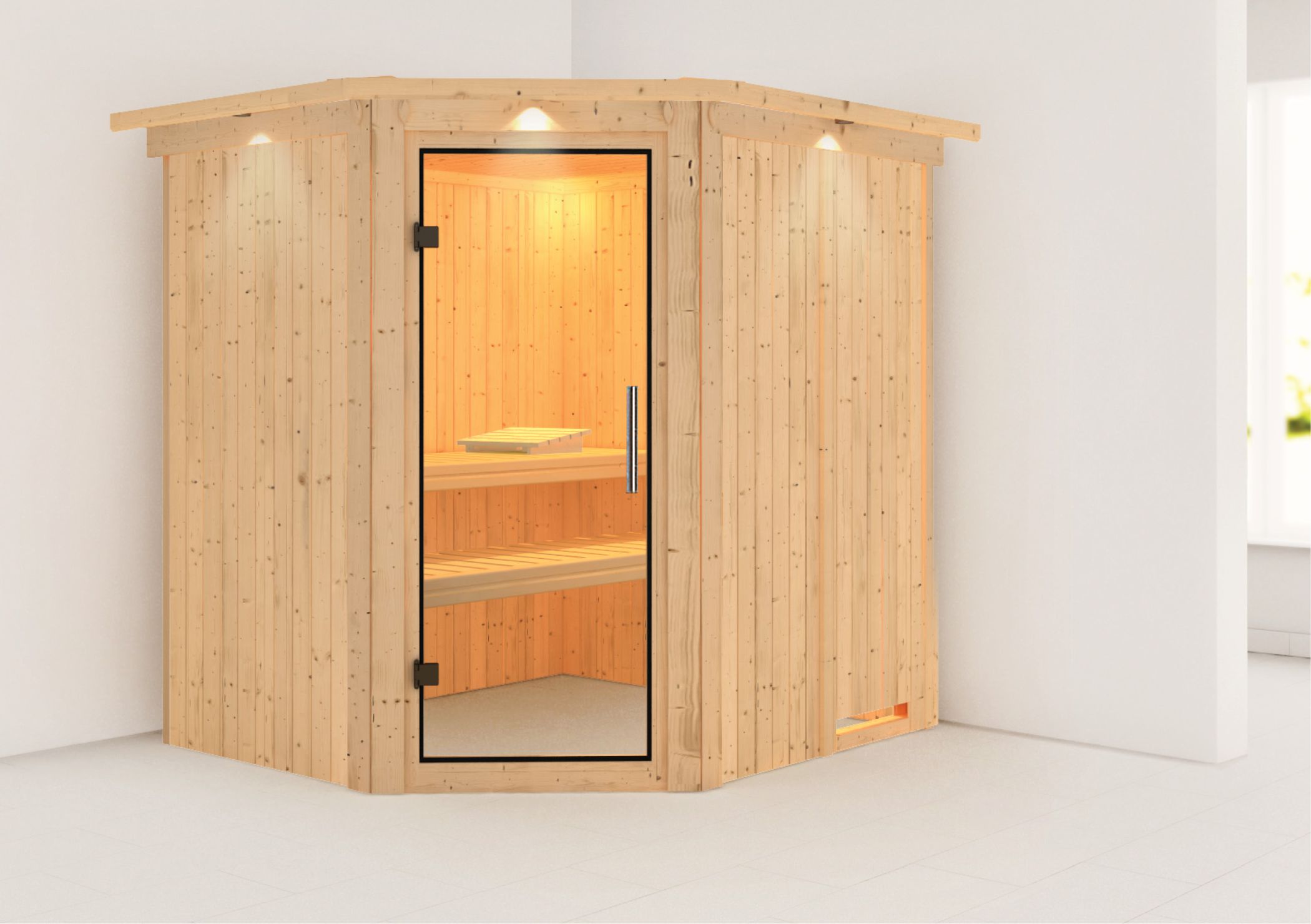 Außenansicht der Karibu Sauna Lilja aus nordischer Fichte mit Klarglas-Ganzglastür und Fronteinstieg
