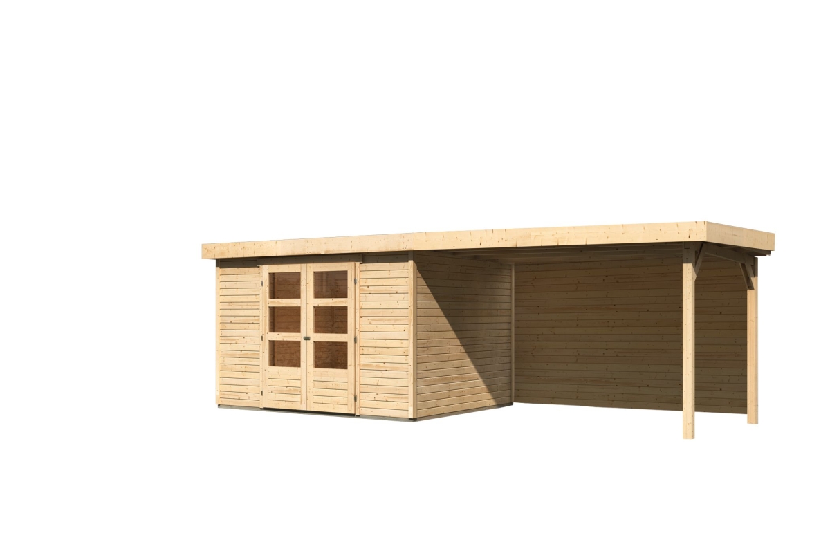Karibu großes Gerätehaus Askola 5 in Naturbelassen und Anbaudach, Freisteller