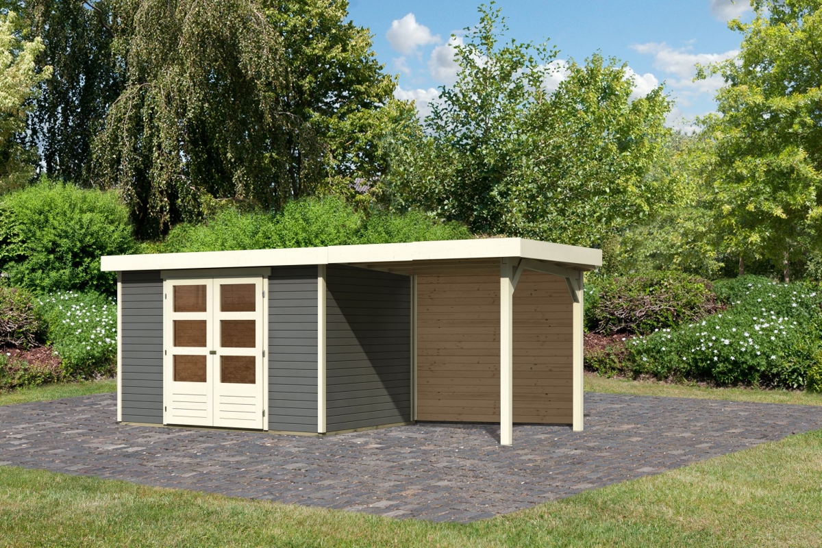 Karibu Gerätehaus Askola 4 in Terragrau und Anbaudach, Außenansicht