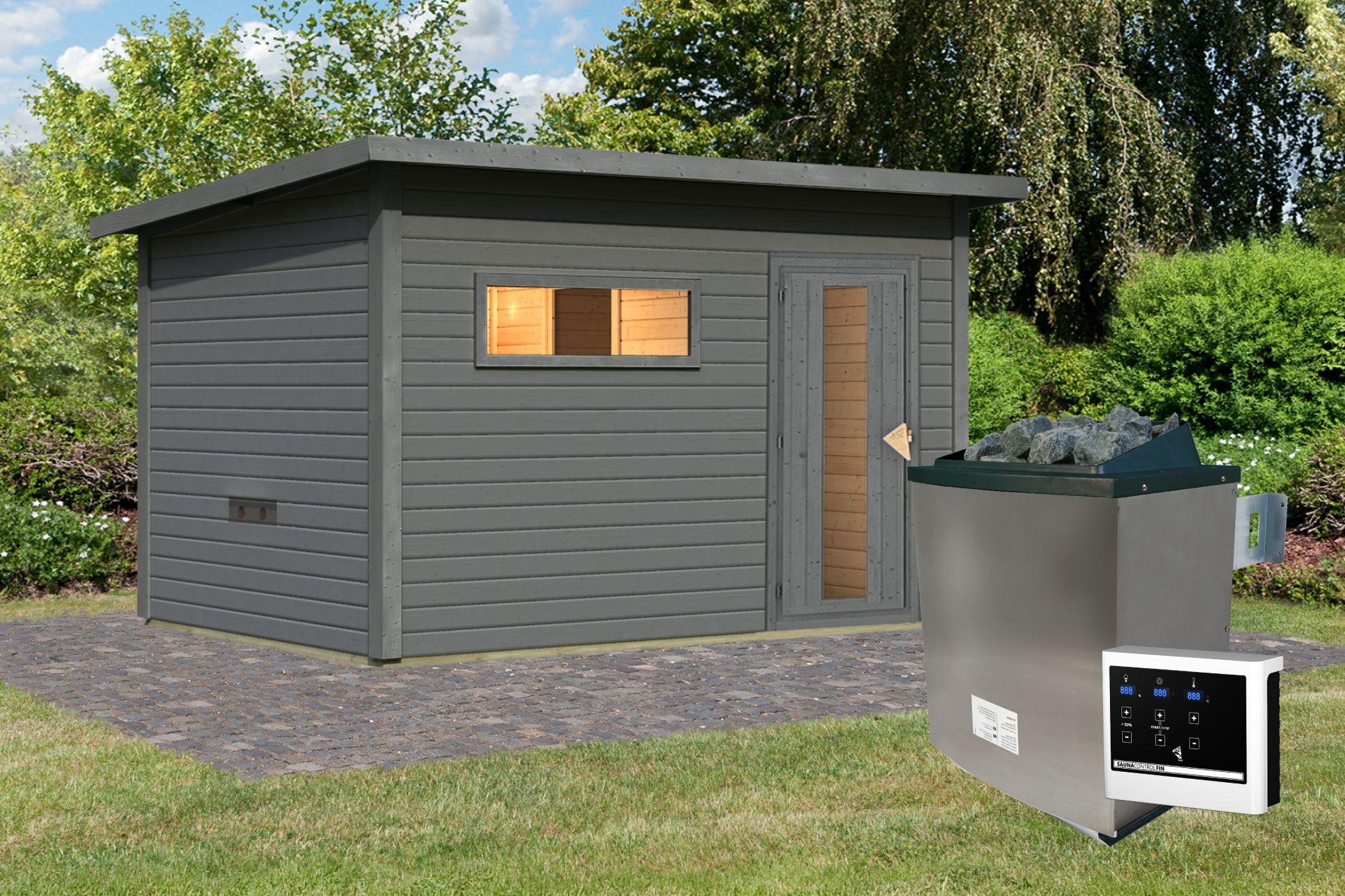 Karibu Saunahaus Hytti 6 als Gartensauna aus Massivholz im Garten mit Glasfront