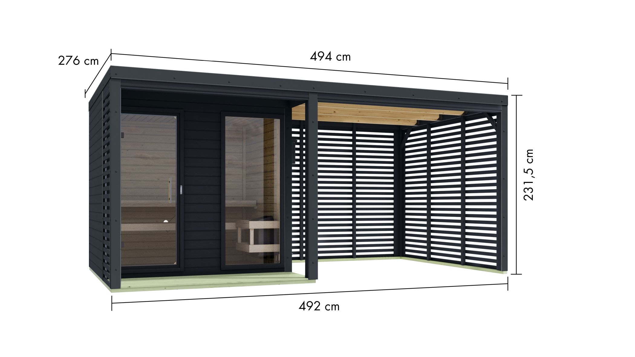 Karibu Saunahaus Ares 2 mit 2,70 m Anbaudach als Gartensauna aus Massivholz im Garten mit Glasfront