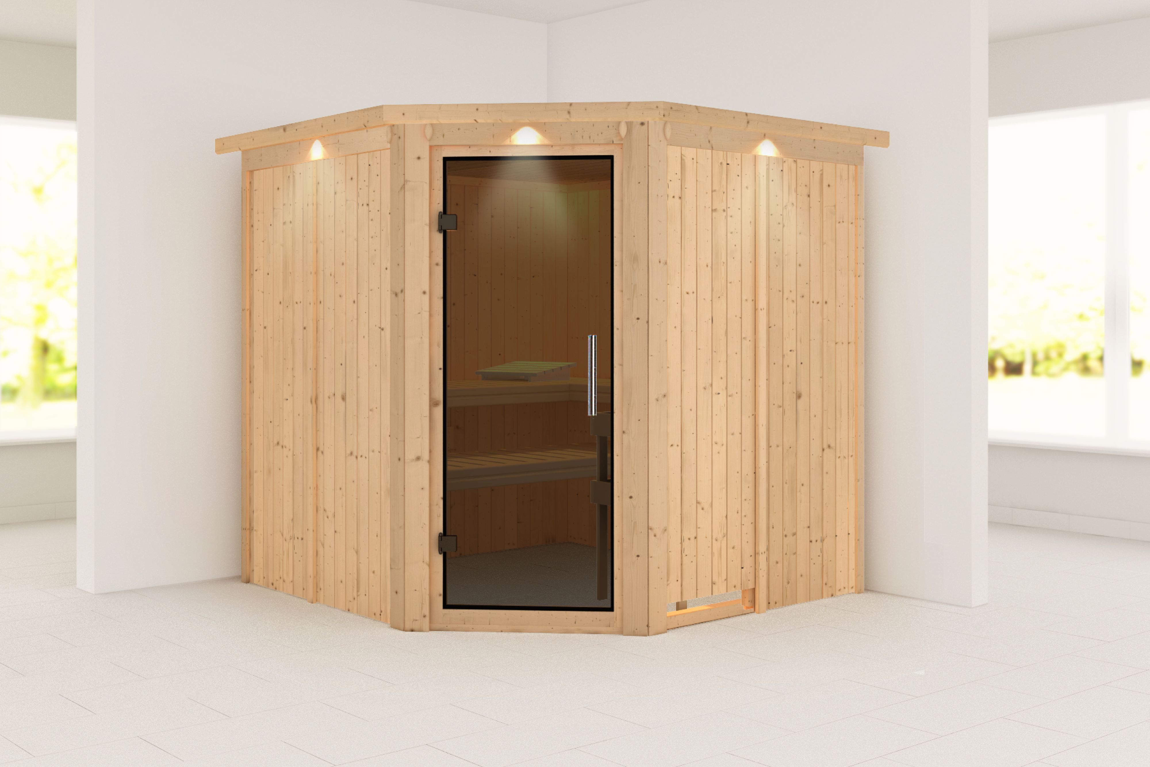 Außenansicht der Karibu Sauna Jarin aus nordischer Fichte mit graphitfarbener Ganzglastür und Fronteinstieg