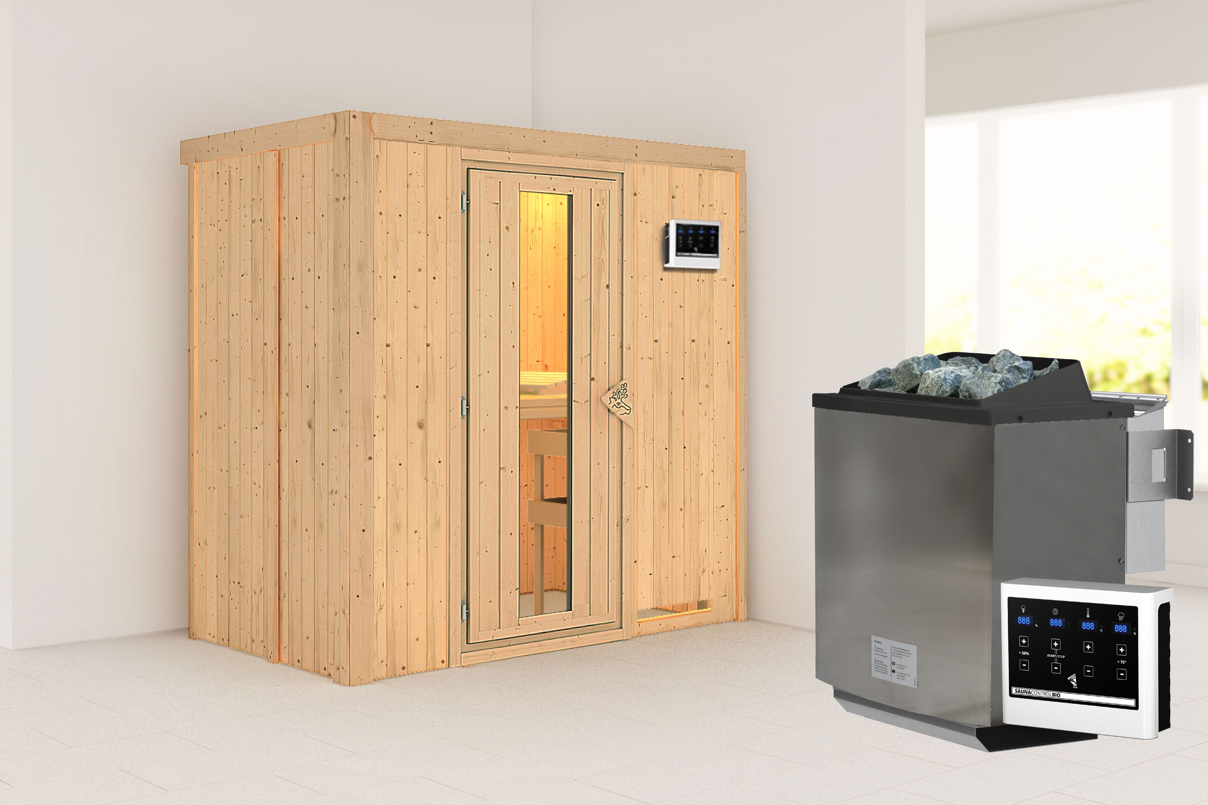 Außenansicht der Karibu Sauna Variado aus nordischer Fichte mit isolierter Holztür und Fronteinstieg