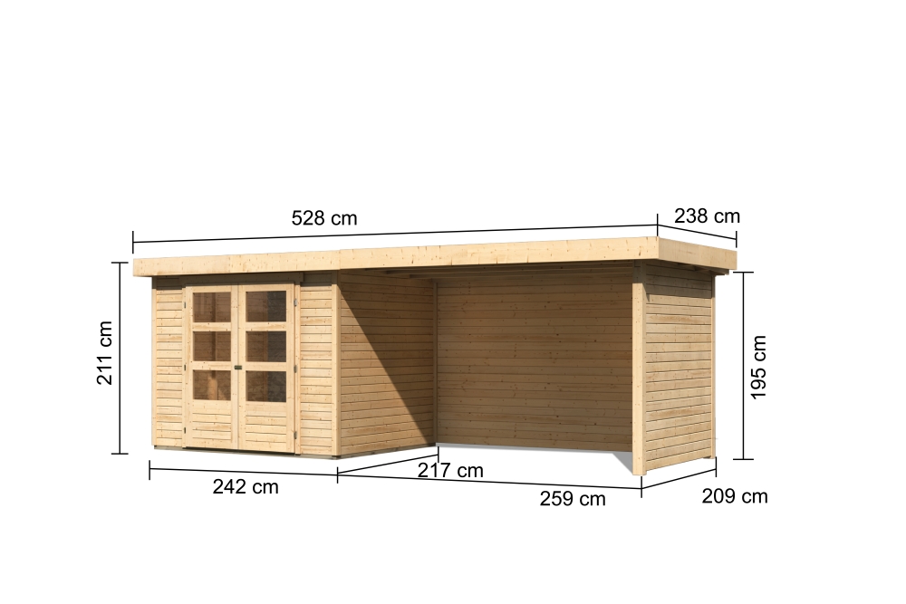 Bemaßte Maßzeichnung des Karibu Gerätehaus Askola 3 mit Anbaudach, 528 × 238 cm