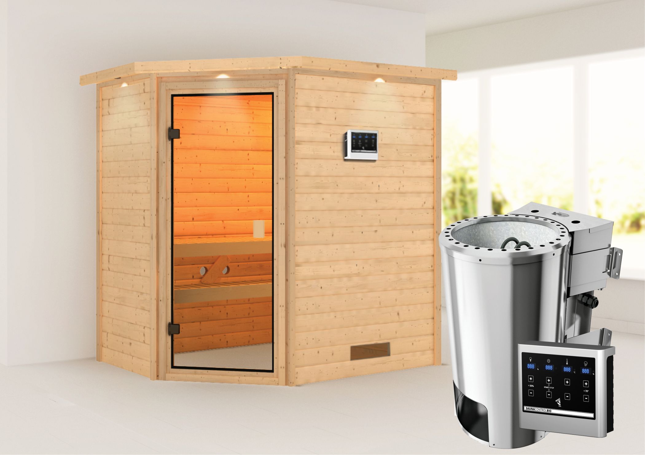 Außenansicht der Karibu Sauna Jella aus nordischer Fichte mit Ganzglastür und Fronteinstieg