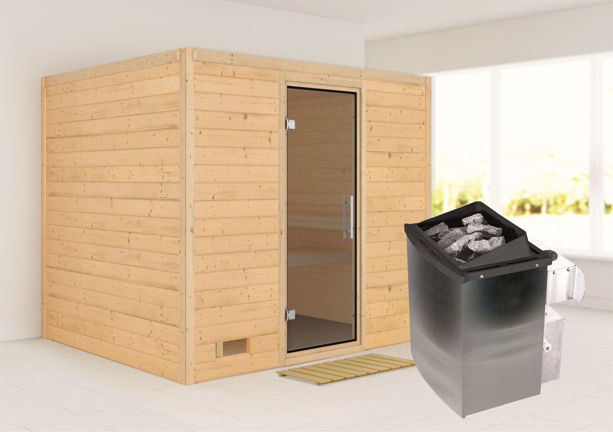 Außenansicht der Karibu Sauna Sonara aus nordischer Fichte mit graphitfarbener Ganzglastür und Fronteinstieg