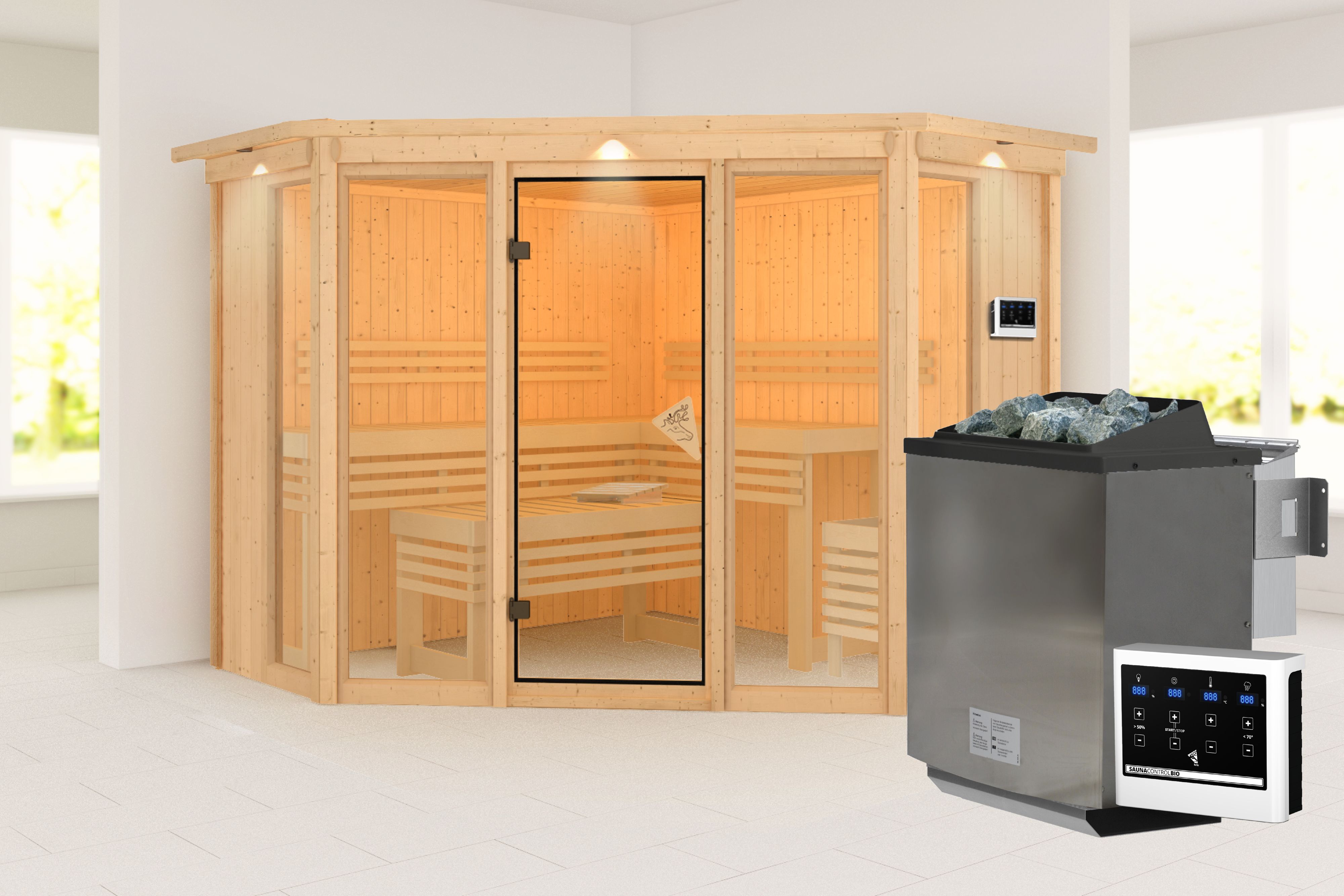Außenansicht der Karibu Sauna Alcinda aus nordischer Fichte mit Ganzglastür und Fronteinstieg