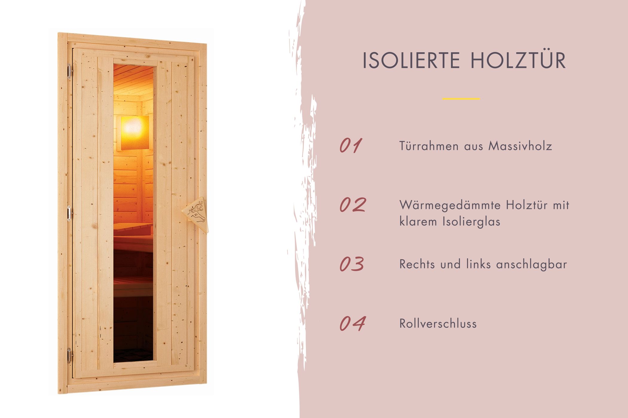 Wärmegedämmte isolierte Holztür mit klarem Isolierglas und Rollverschluss für Karibu Saunen
