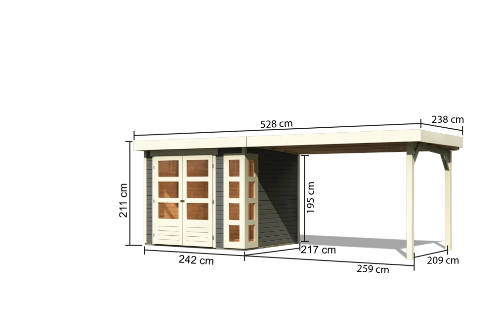 Bemaßte Maßzeichnung des Karibu Gerätehaus Kerko 3 mit Anbaudach, 528 × 238 cm
