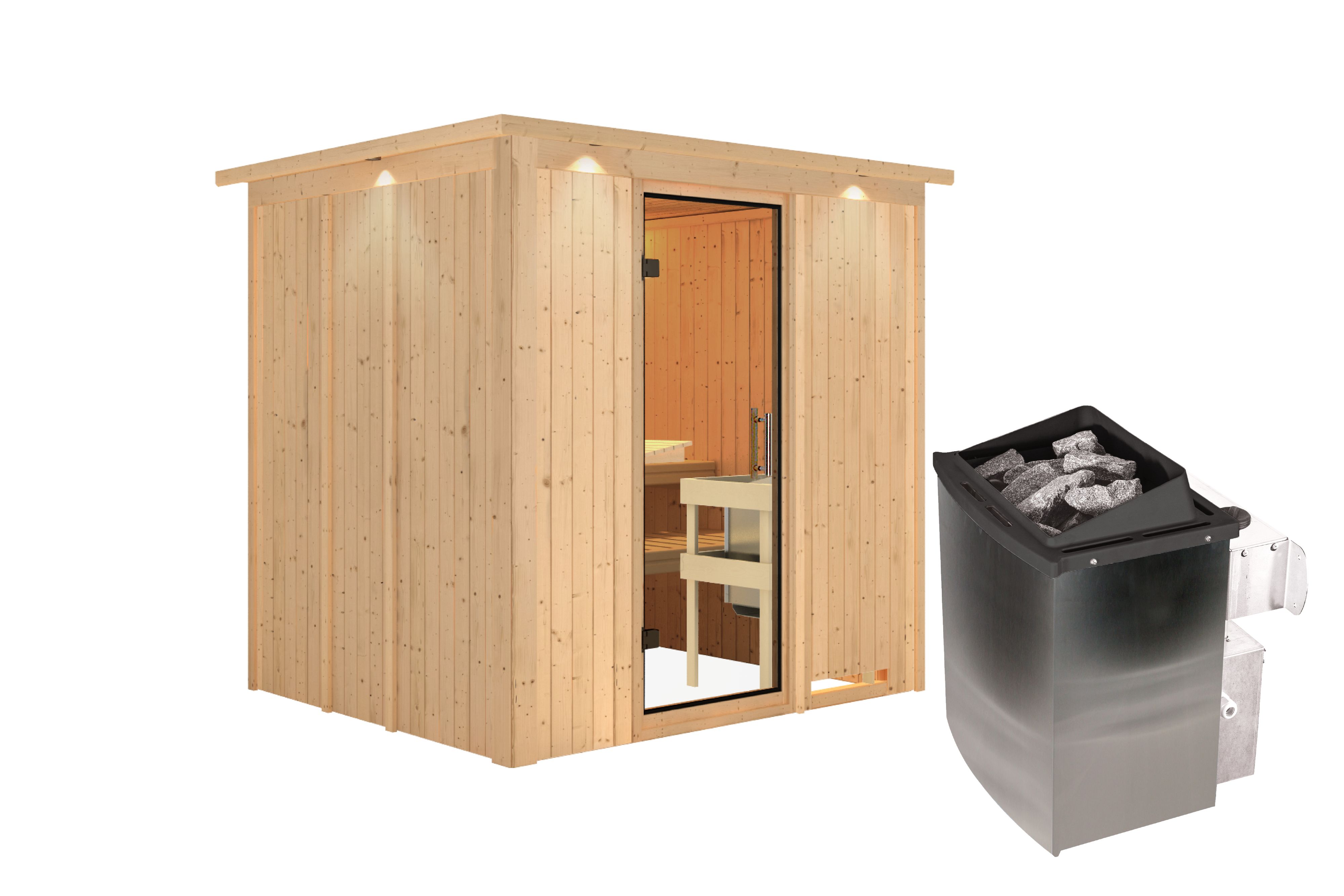 Innenansicht der Karibu Sauna Sodin mit Liegen und Kopfstütze aus hellem Espenholz