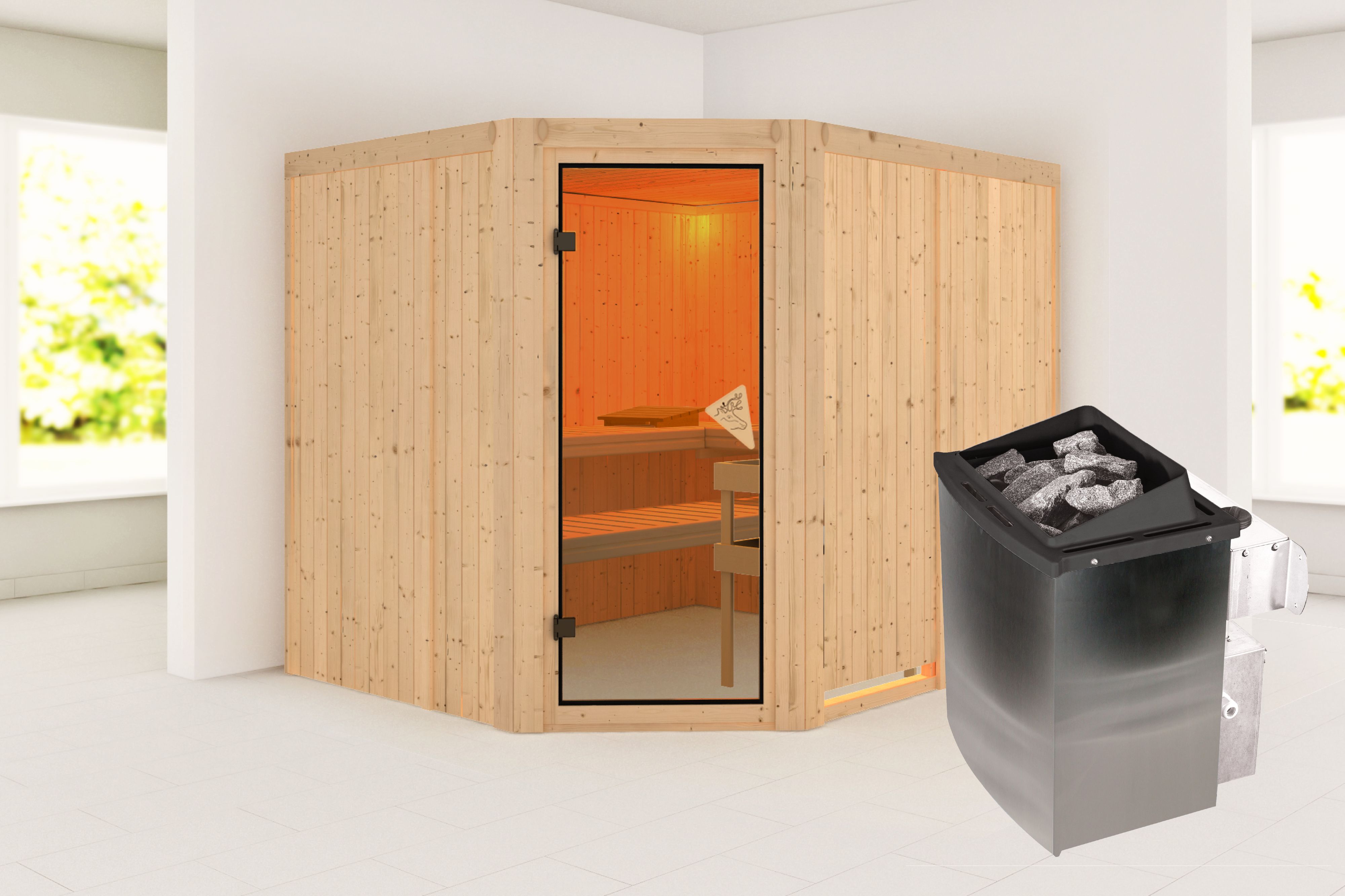 Außenansicht der Karibu Sauna Malin aus nordischer Fichte mit bronzierter Ganzglastür und Fronteinstieg