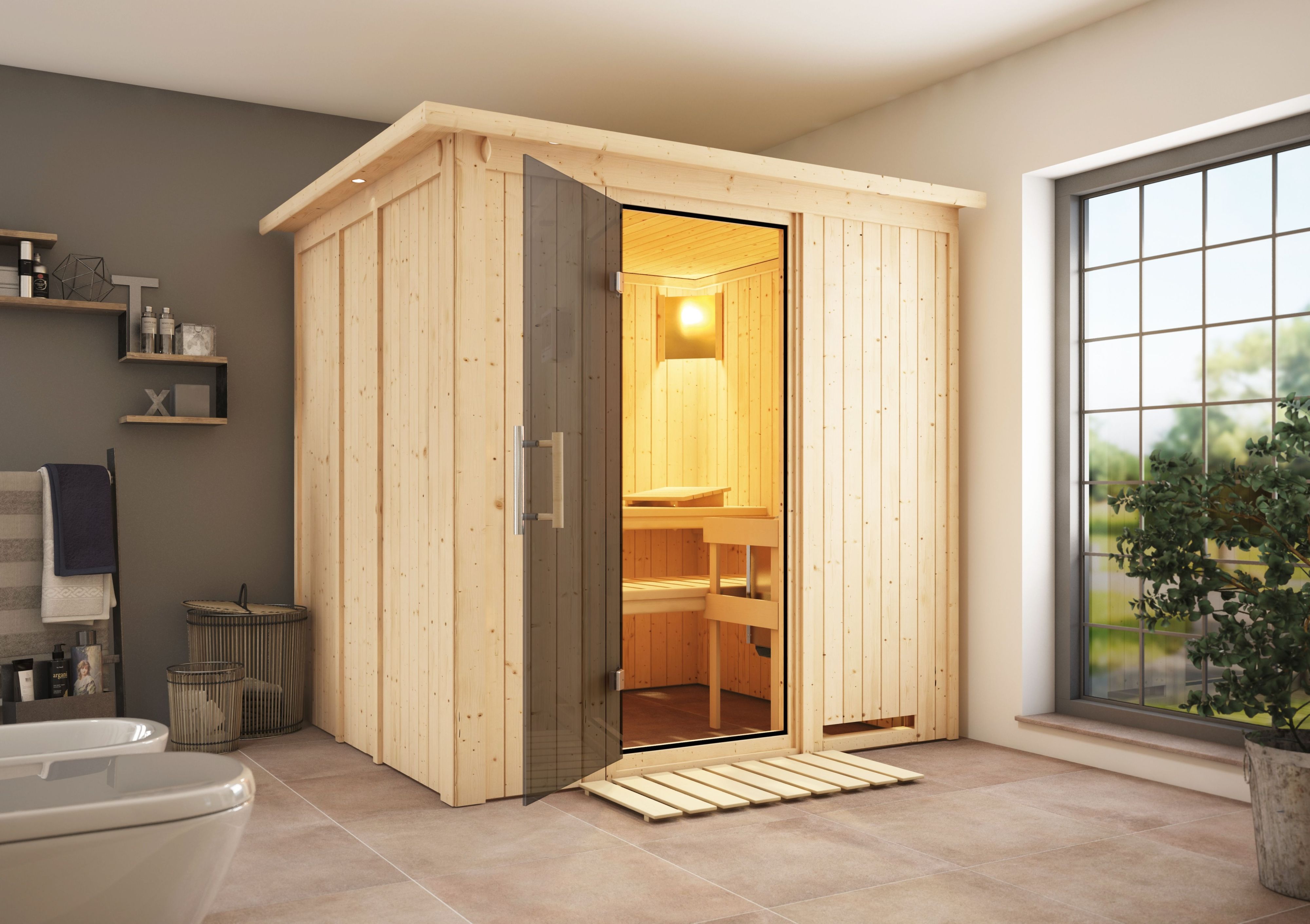 Karibu Sauna Sodin als hochwertige Sauna aus nordischer Fichte im Wohnraum-Ambiente