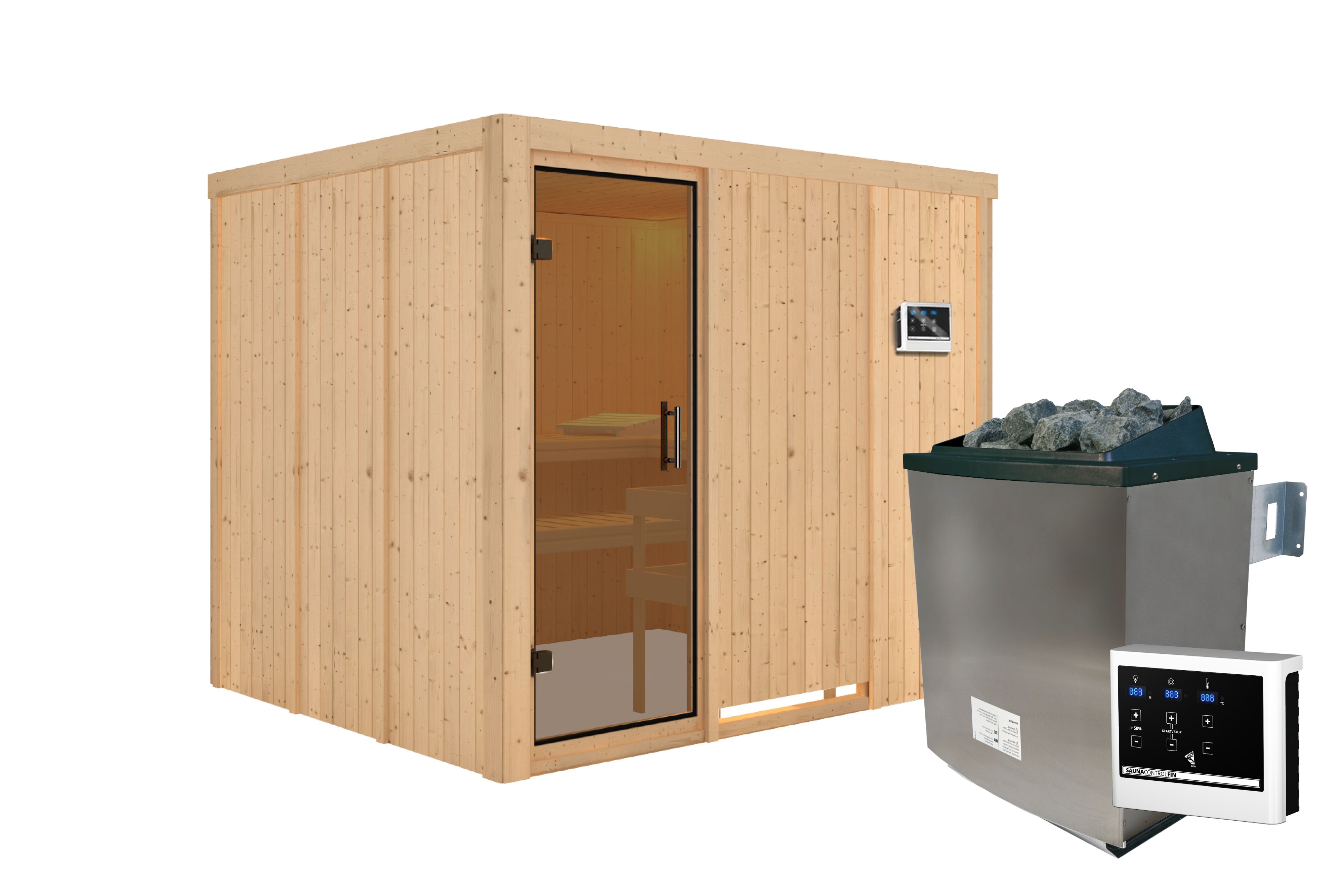 Innenansicht der Karibu Sauna Gobin mit Liegen und Kopfstütze aus hellem Espenholz
