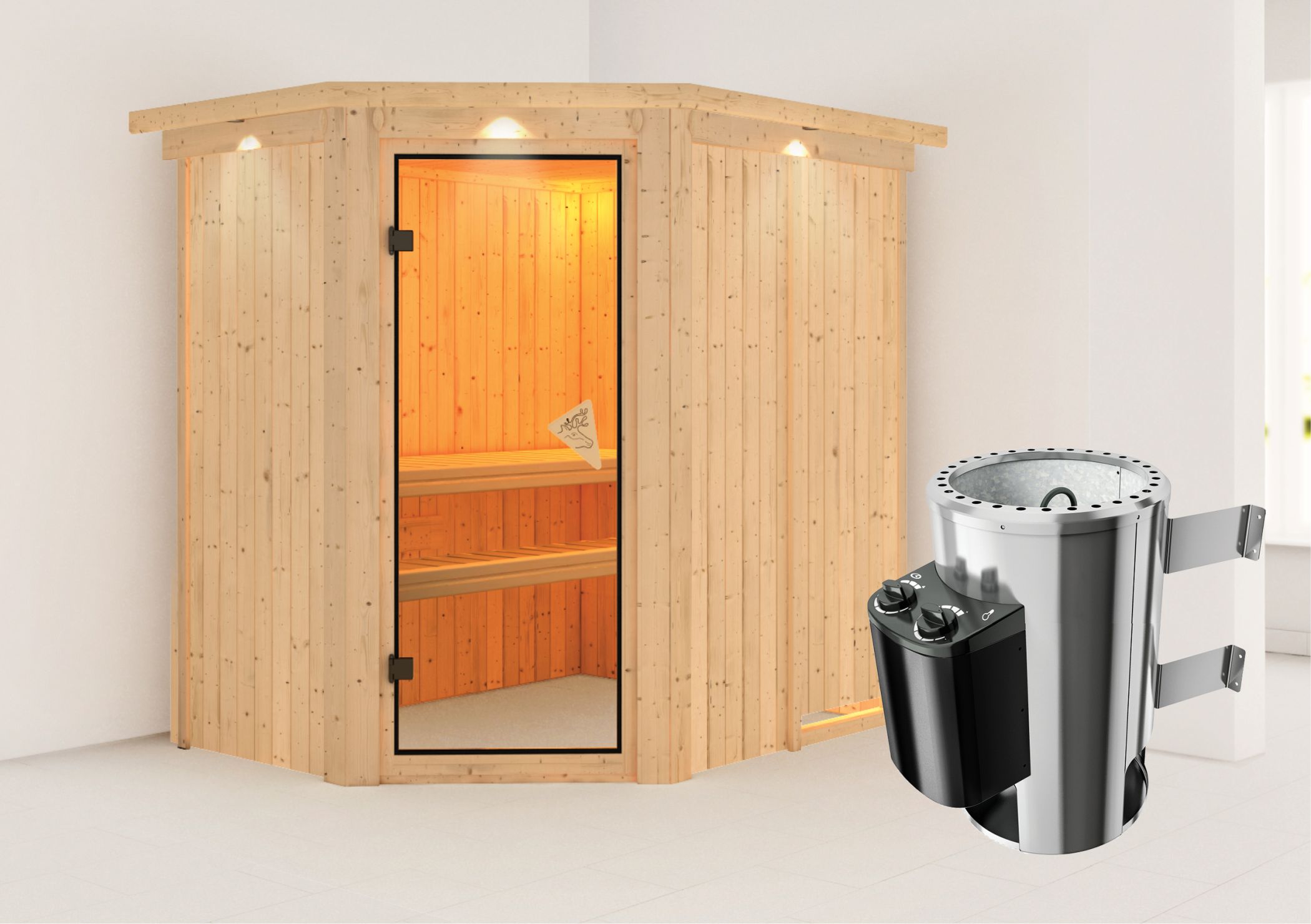 Außenansicht der Karibu Sauna Saja aus nordischer Fichte mit bronzierter Ganzglastür und Fronteinstieg