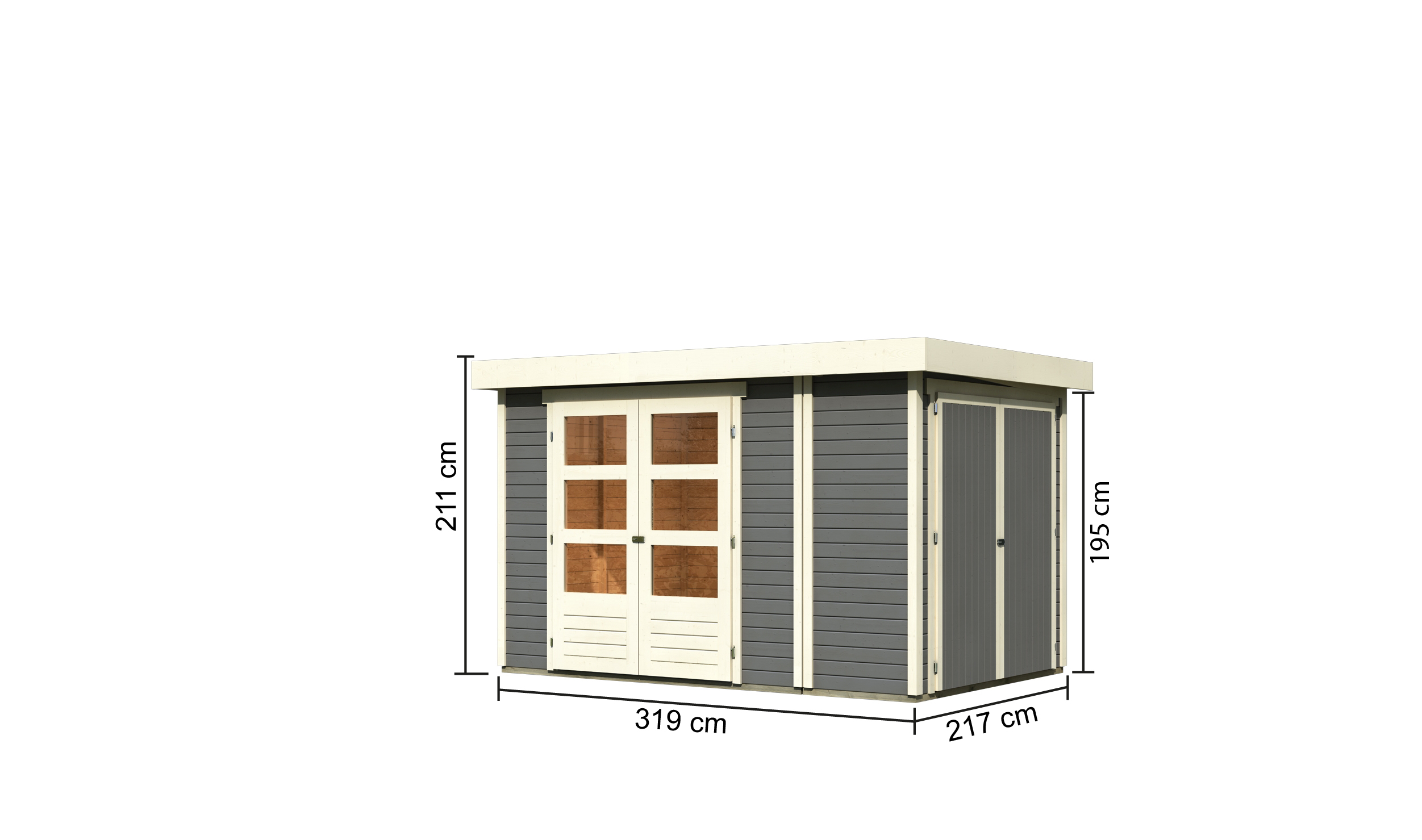 Bemaßte Maßzeichnung des Karibu Gerätehaus Retola 3, 319 × 217 cm