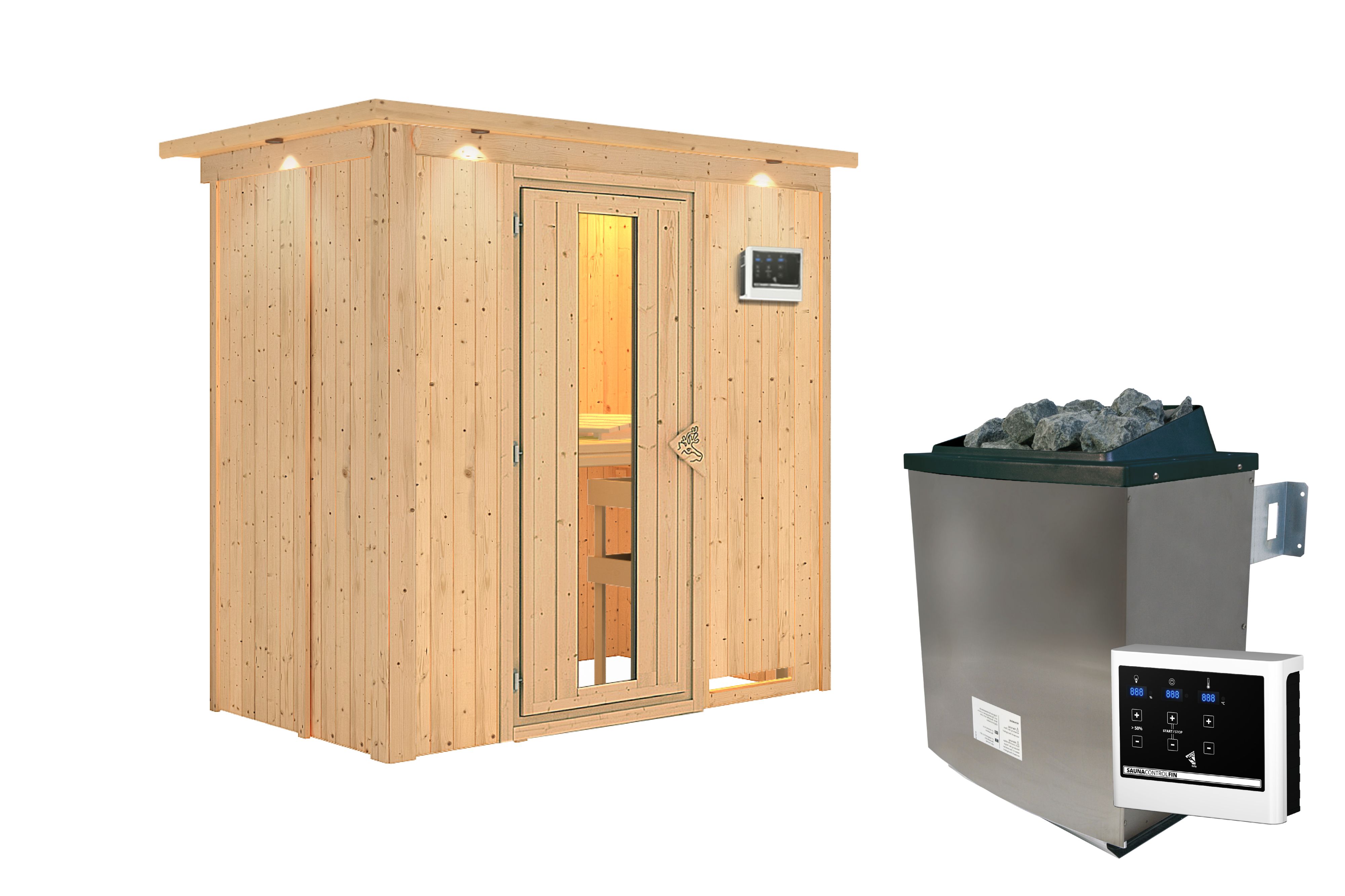Innenansicht der Karibu Sauna Variado mit Liegen und Kopfstütze aus hellem Espenholz