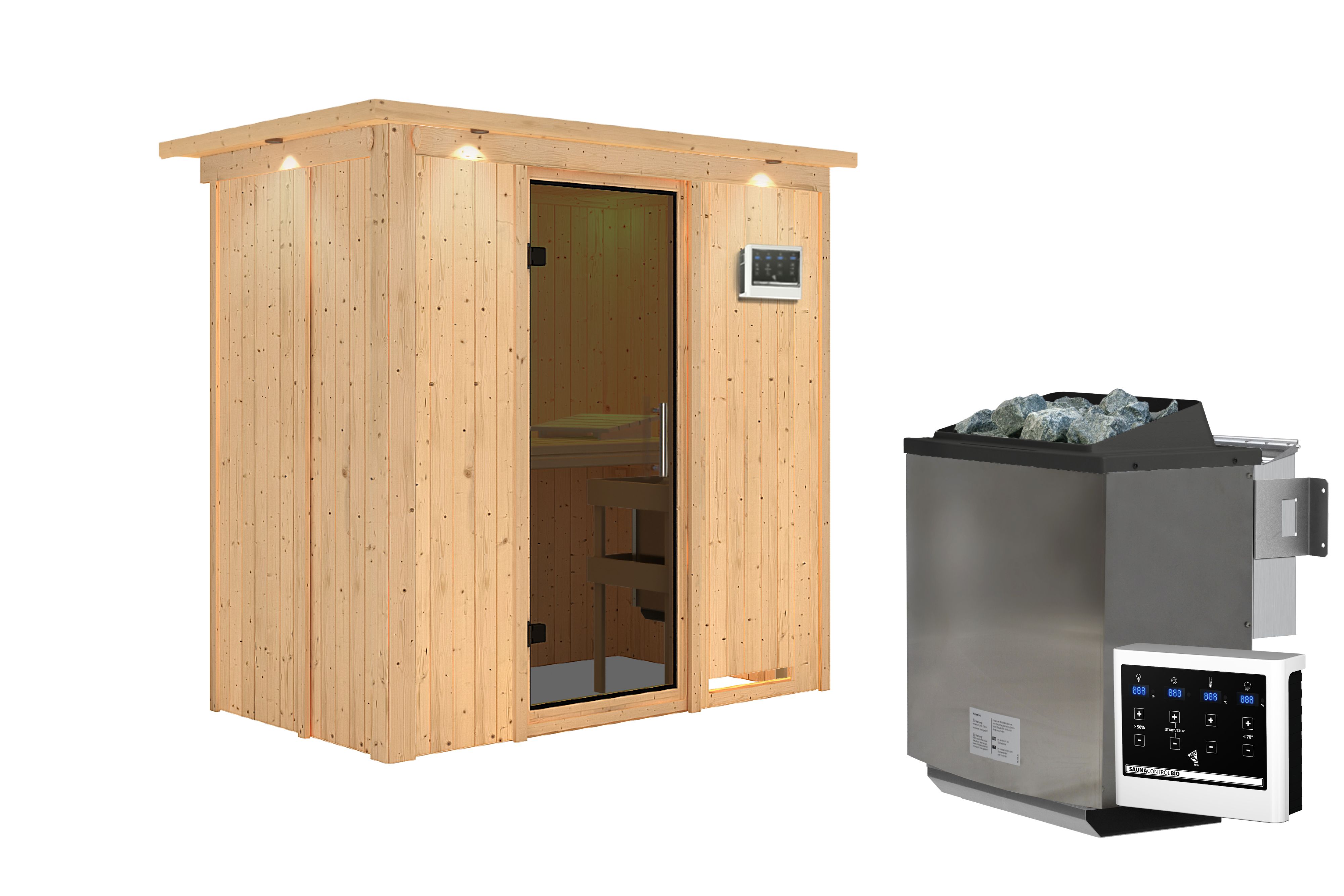 Innenansicht der Karibu Sauna Variado mit Liegen und Kopfstütze aus hellem Espenholz