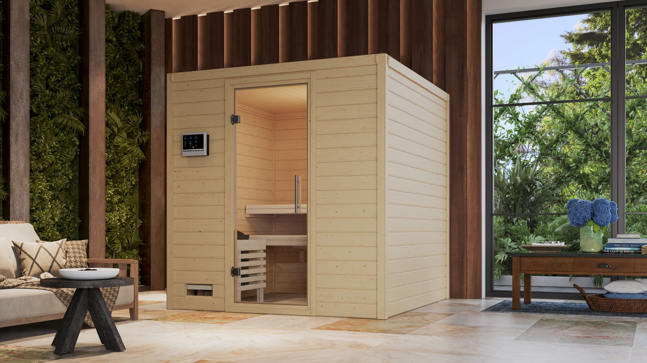 Karibu Sauna Mojave als hochwertige Sauna aus nordischer Fichte im Wohnraum-Ambiente