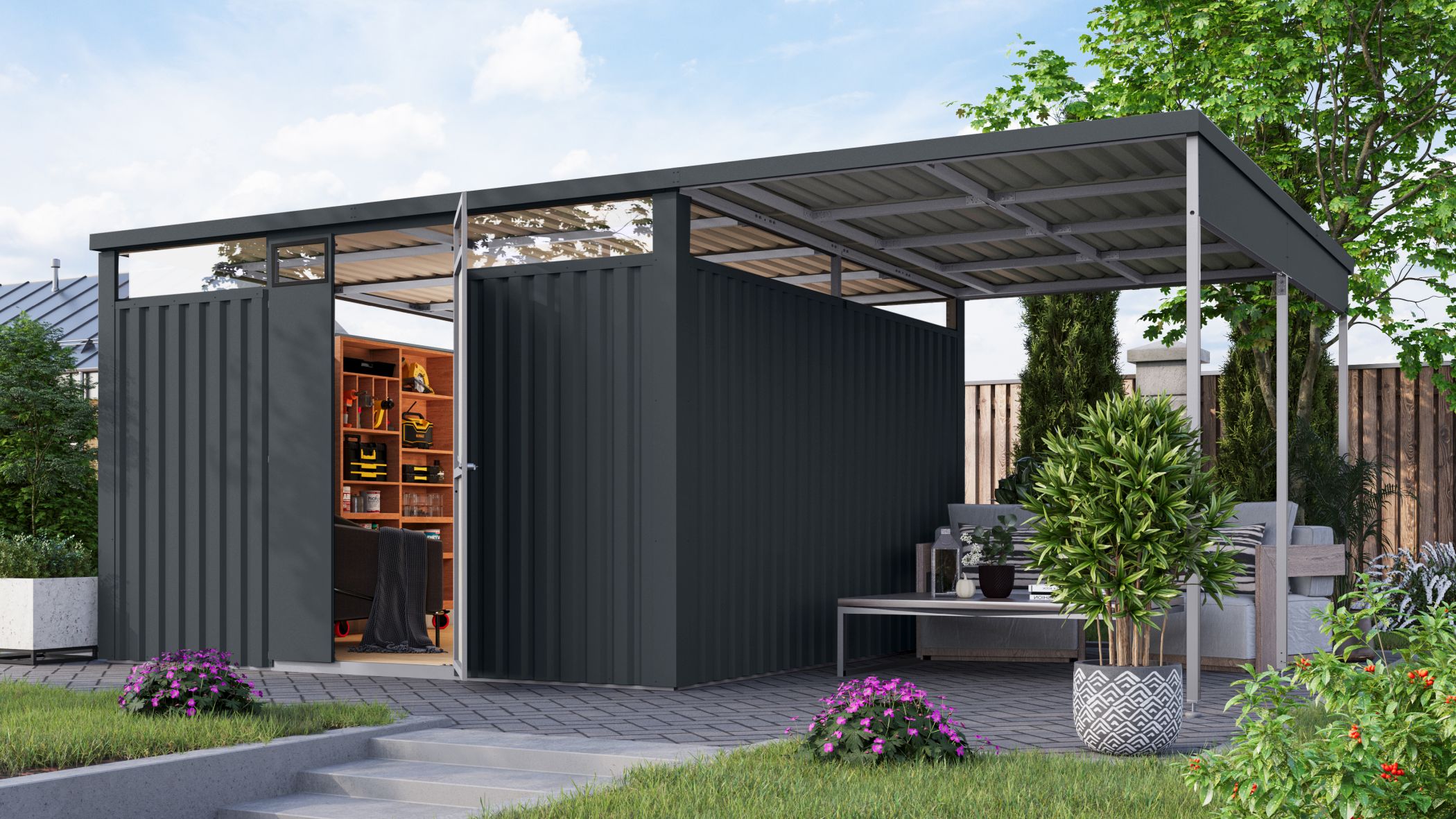 Metallhaus Østen 3,5 im Set mit Anbaudach 2,25 m anthrazit / Lagerabverkauf