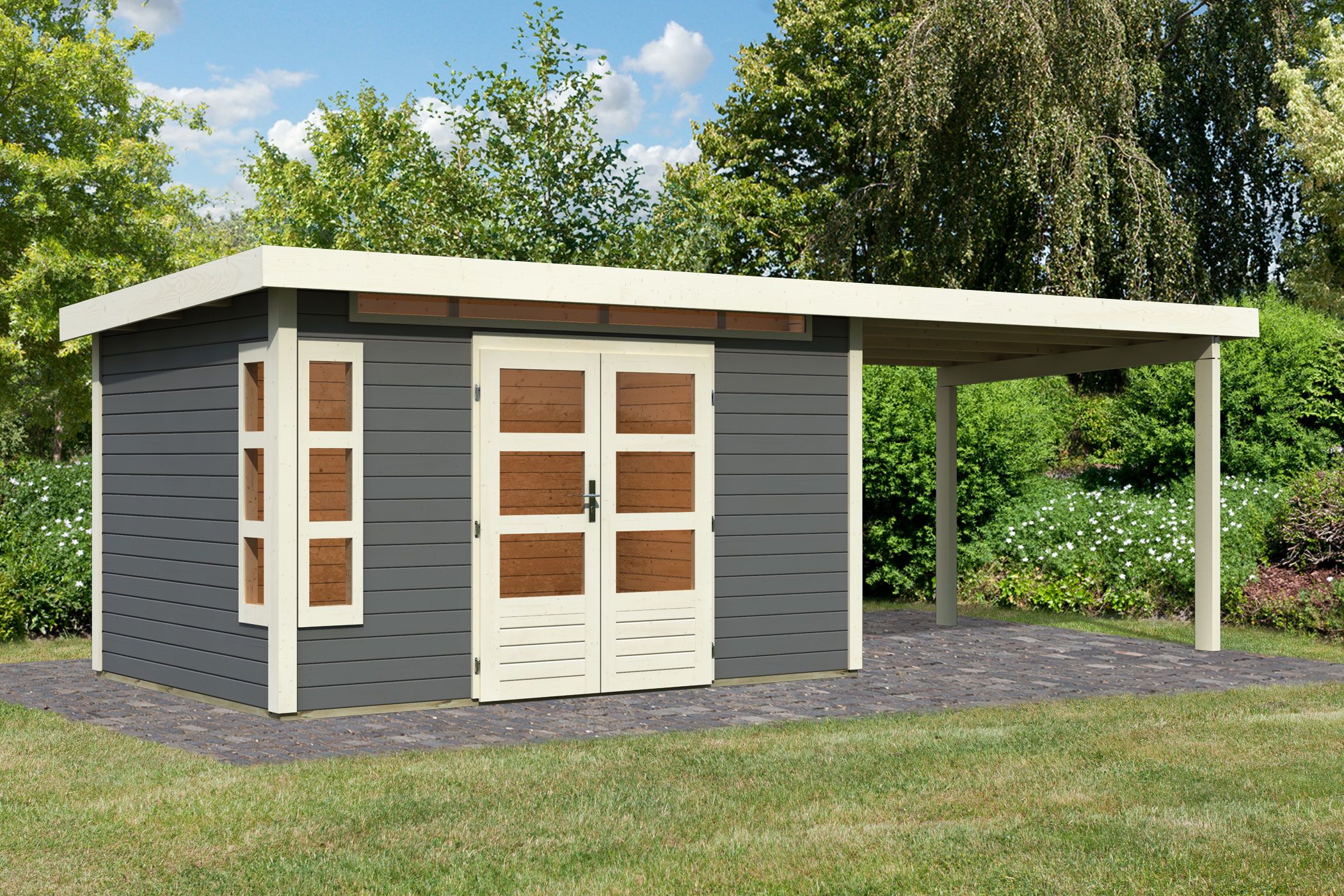 Karibu Gartenhaus Kastorf 7 in Terragrau und Anbaudach, Außenansicht
