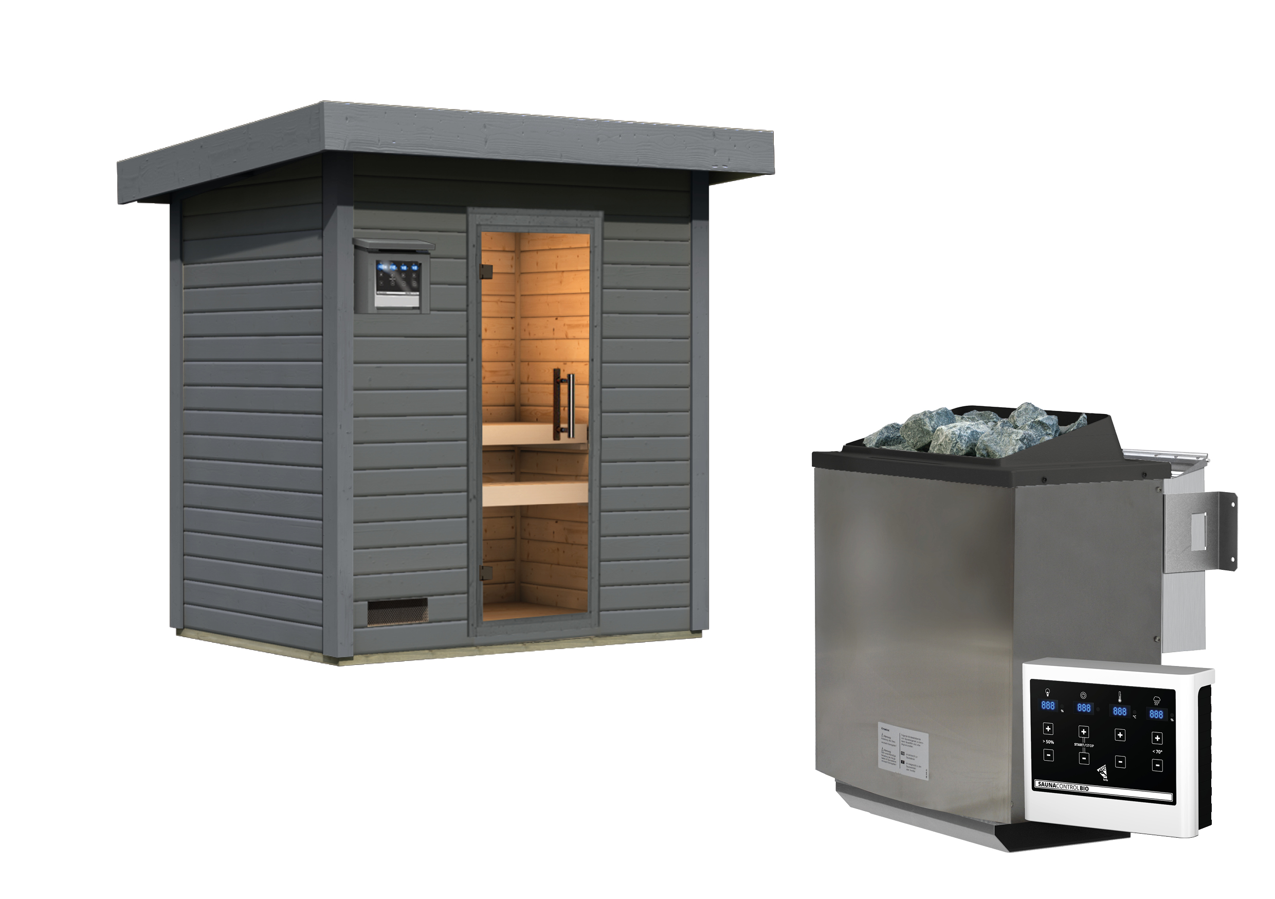 Freistellende Außenansicht der Karibu Saunahaus Hytti 1 Exclusive aus Massivholz mit Glasfront