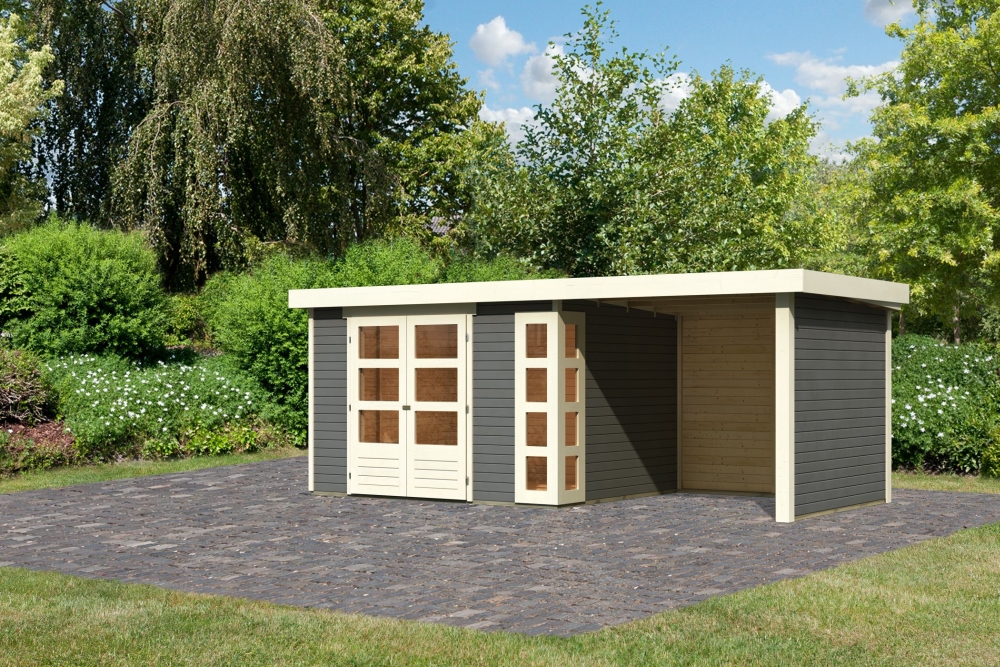 Karibu großes Gerätehaus Kerko 5 in Terragrau und Anbaudach, Außenansicht