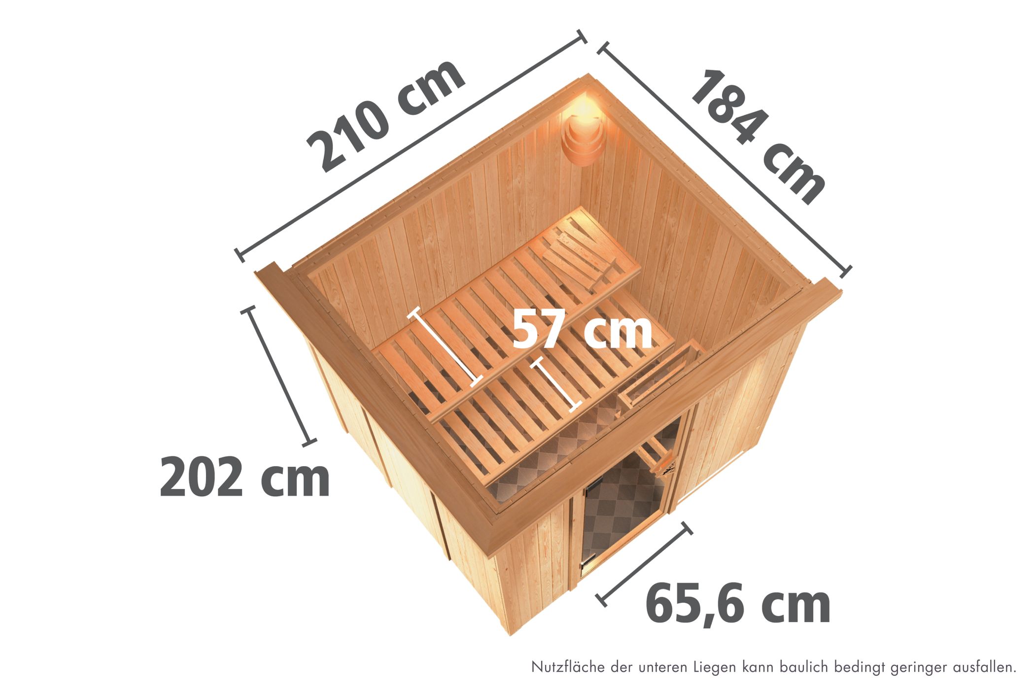 Maßzeichnung der Karibu Sauna Sodin Dachkranzmodell mit Außenmaß 210 × 184 cm und Höhe 202 cm