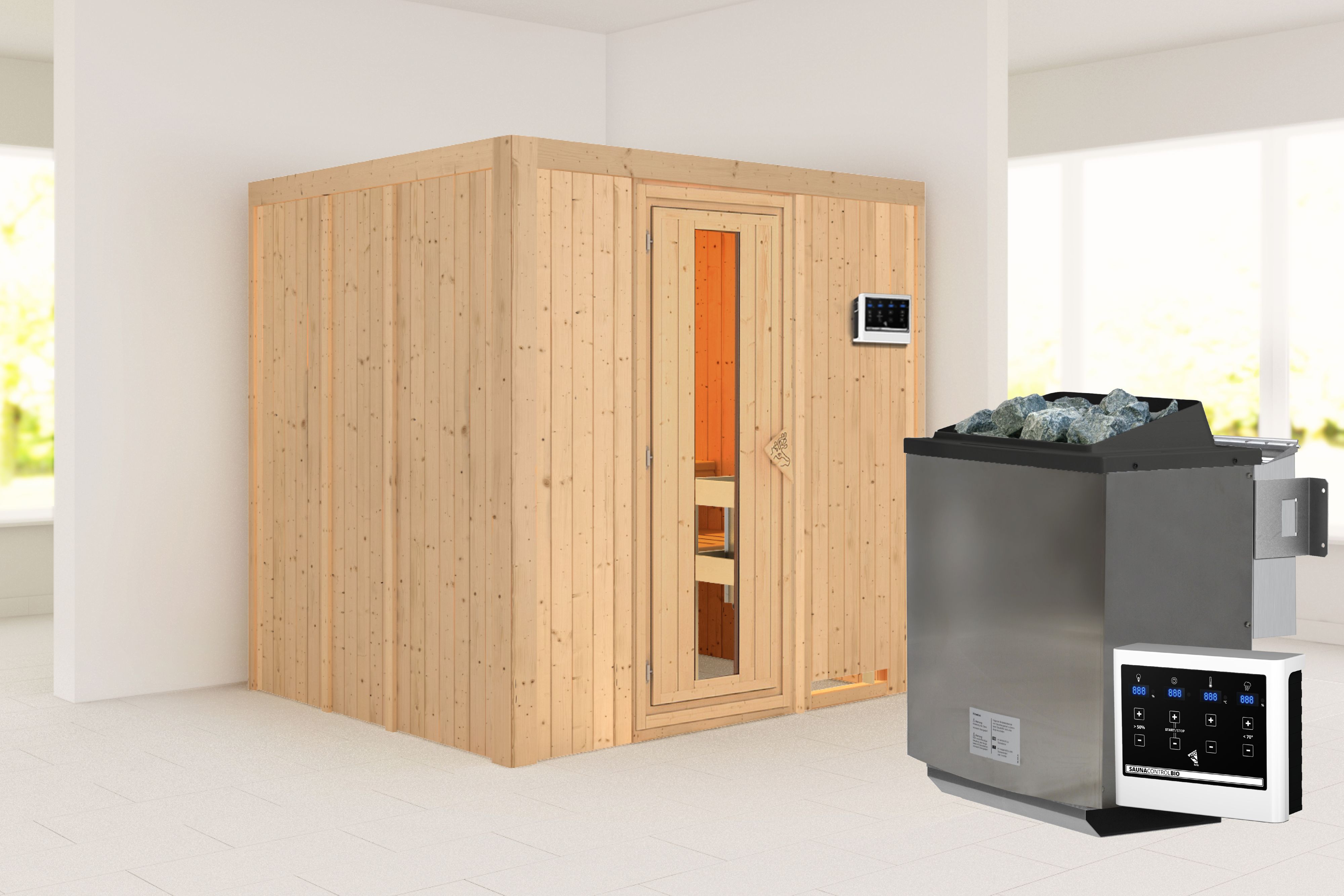 Außenansicht der Karibu Sauna Sodin aus nordischer Fichte mit isolierter Holztür und Fronteinstieg