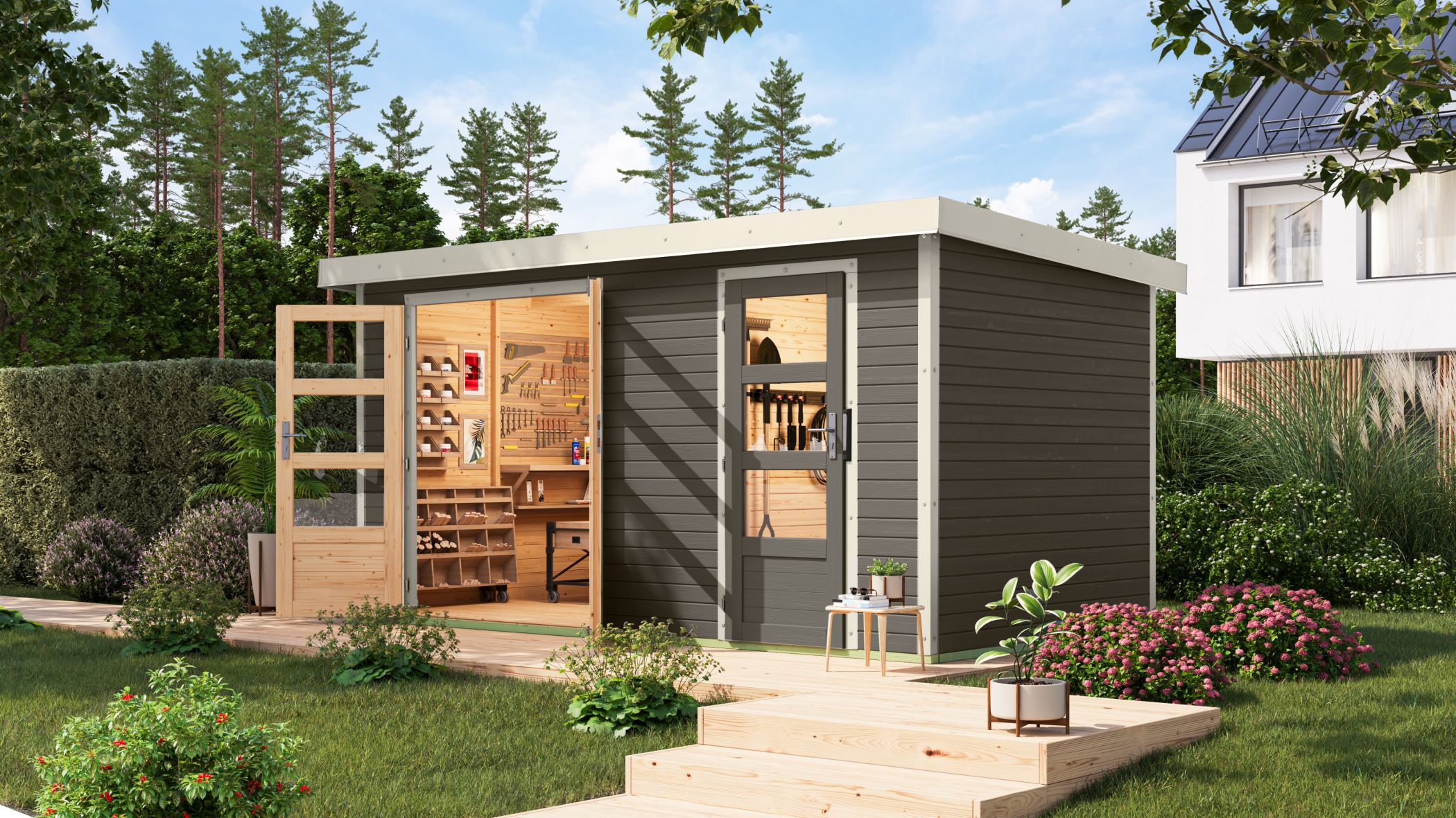 Gartenhaus Merkur terragrau / Metall: weiß / Lagerabverkauf