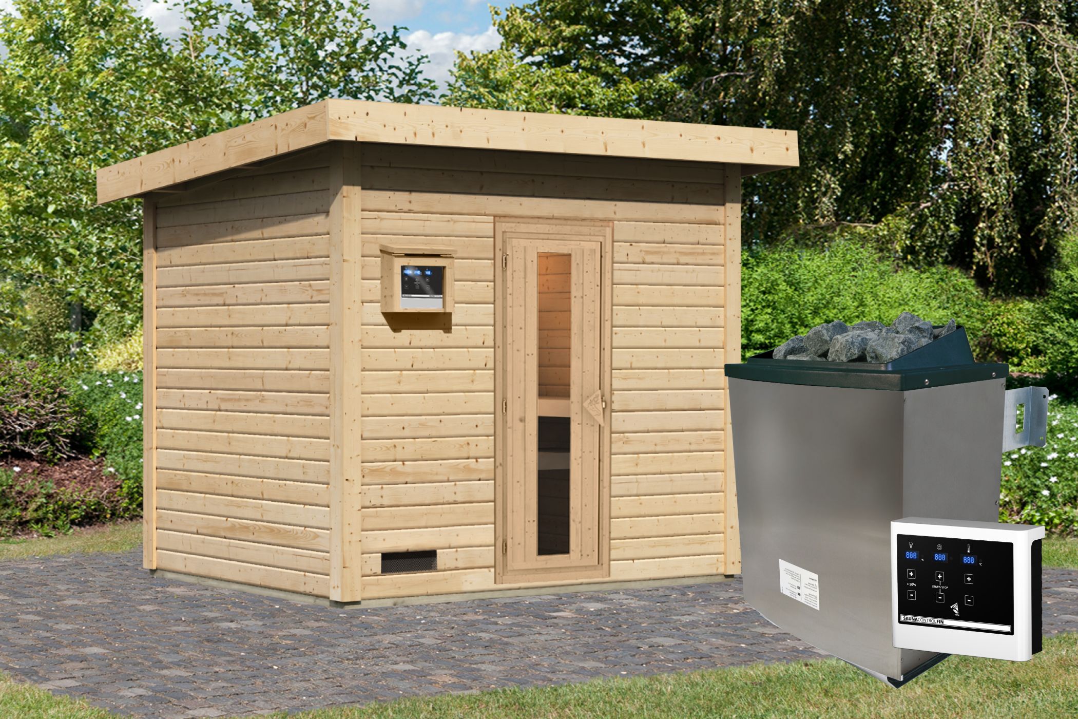 Karibu Saunahaus Hytti 3 als Gartensauna aus Massivholz im Garten mit Glasfront