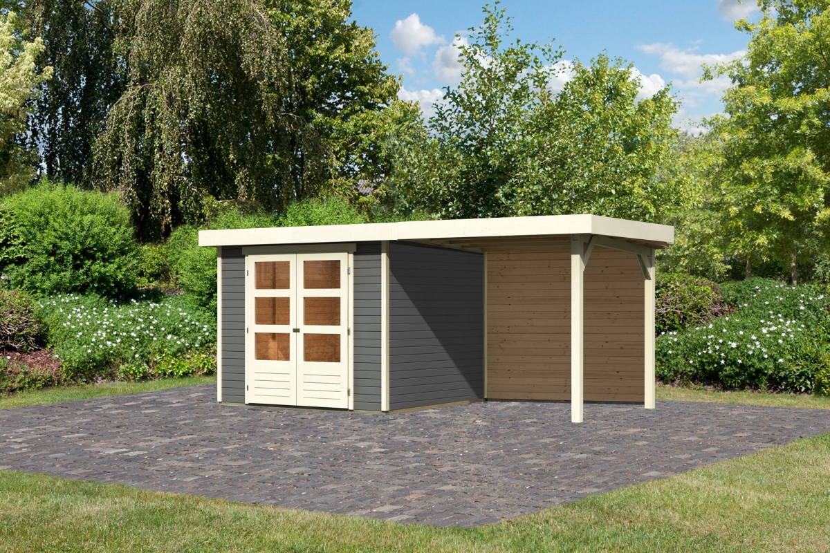 Karibu Gerätehaus Askola 3,5 in Terragrau und Anbaudach, Außenansicht