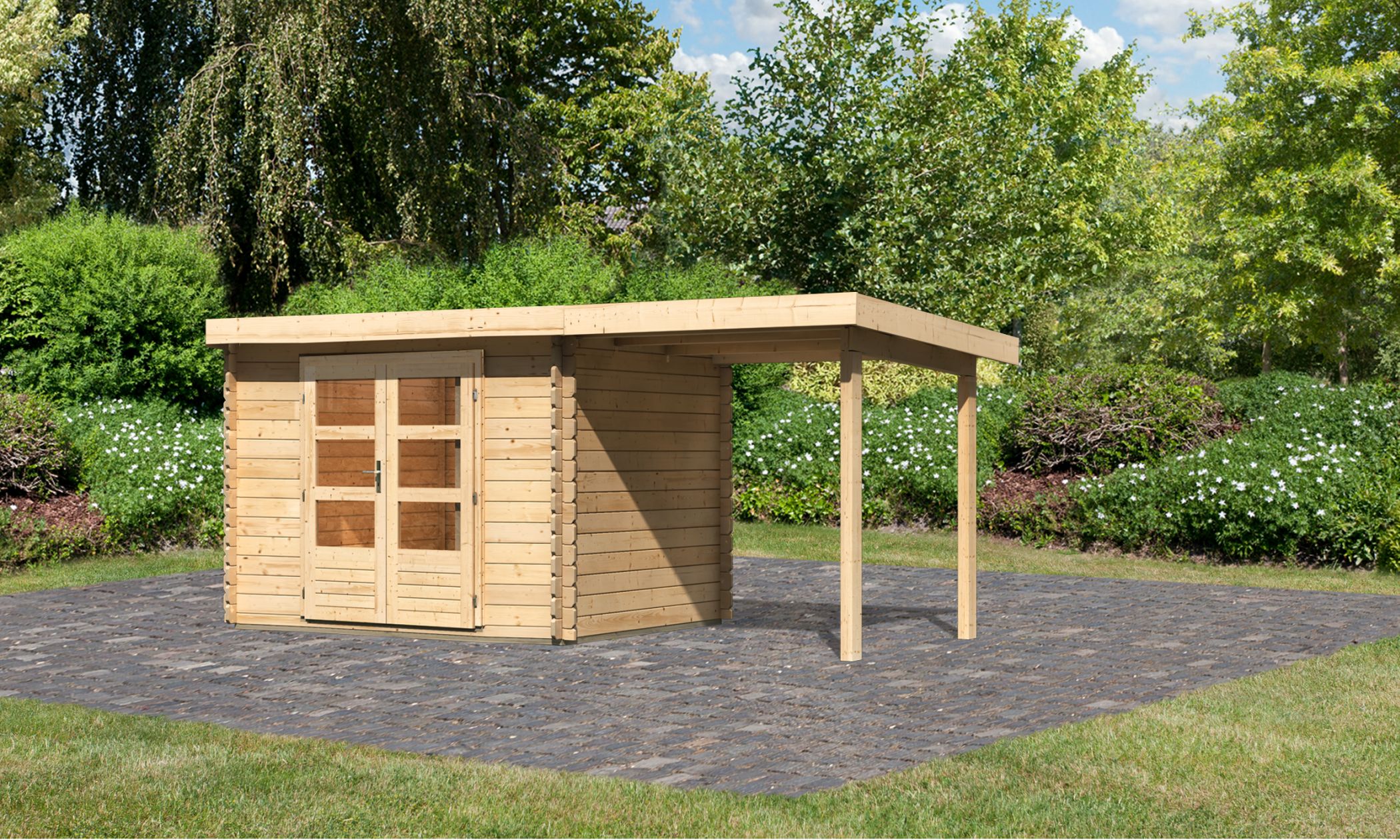 Karibu Gartenhaus Bastrup 3 in Naturbelassen und Anbaudach, Außenansicht