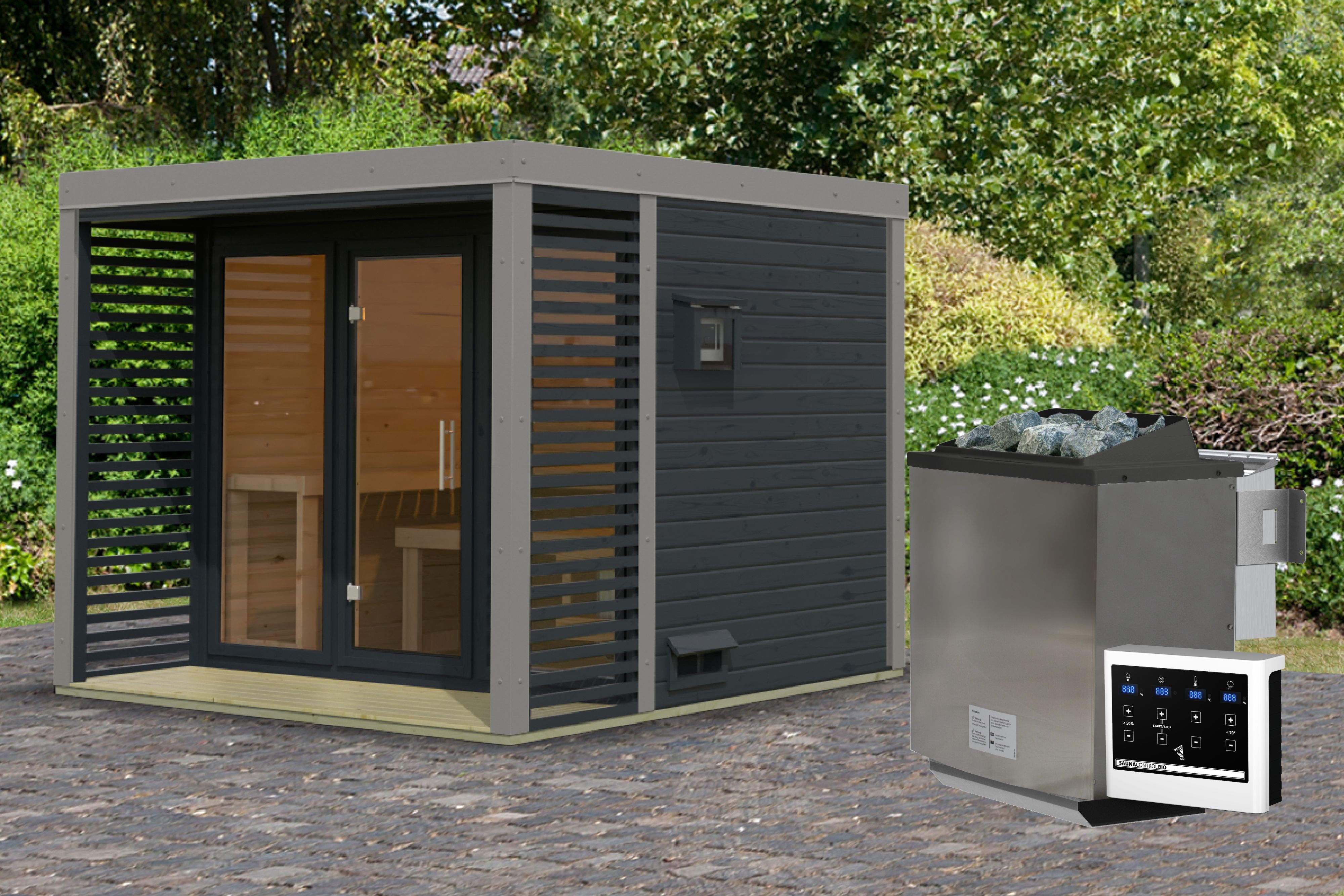 Karibu Saunahaus Ares 3 als Gartensauna aus Massivholz im Garten mit Glasfront