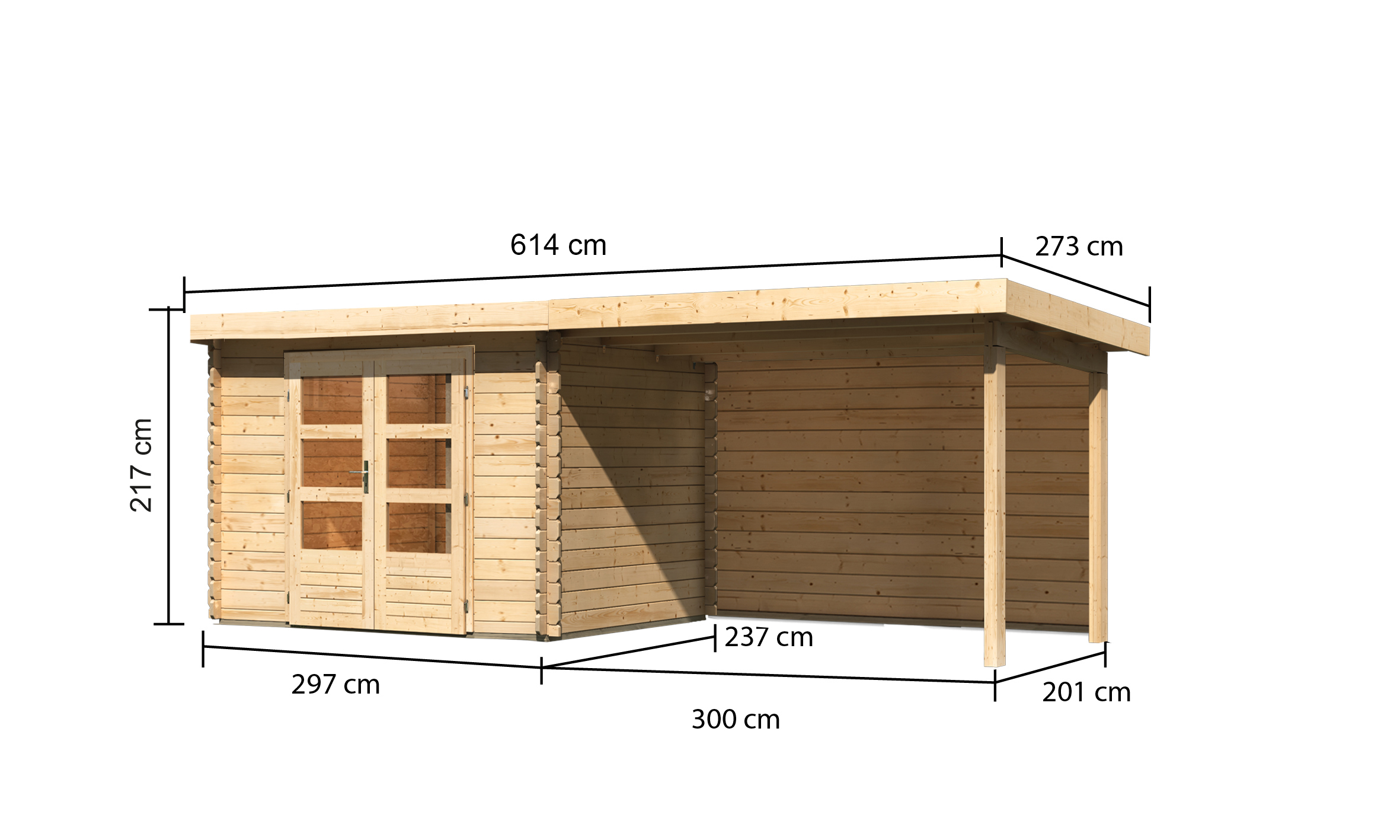 Bemaßte Maßzeichnung eines Karibu Gartenhauses aus Massivholz