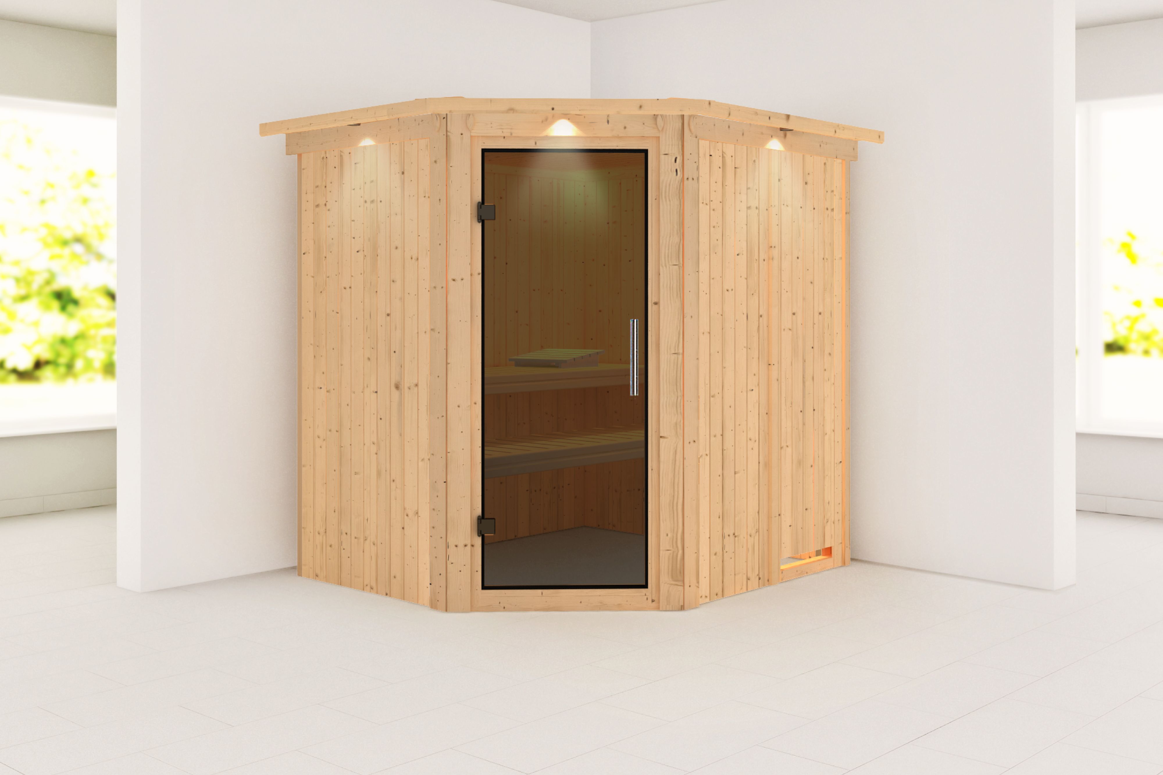Außenansicht der Karibu Sauna Siirin aus nordischer Fichte mit graphitfarbener Ganzglastür und Fronteinstieg