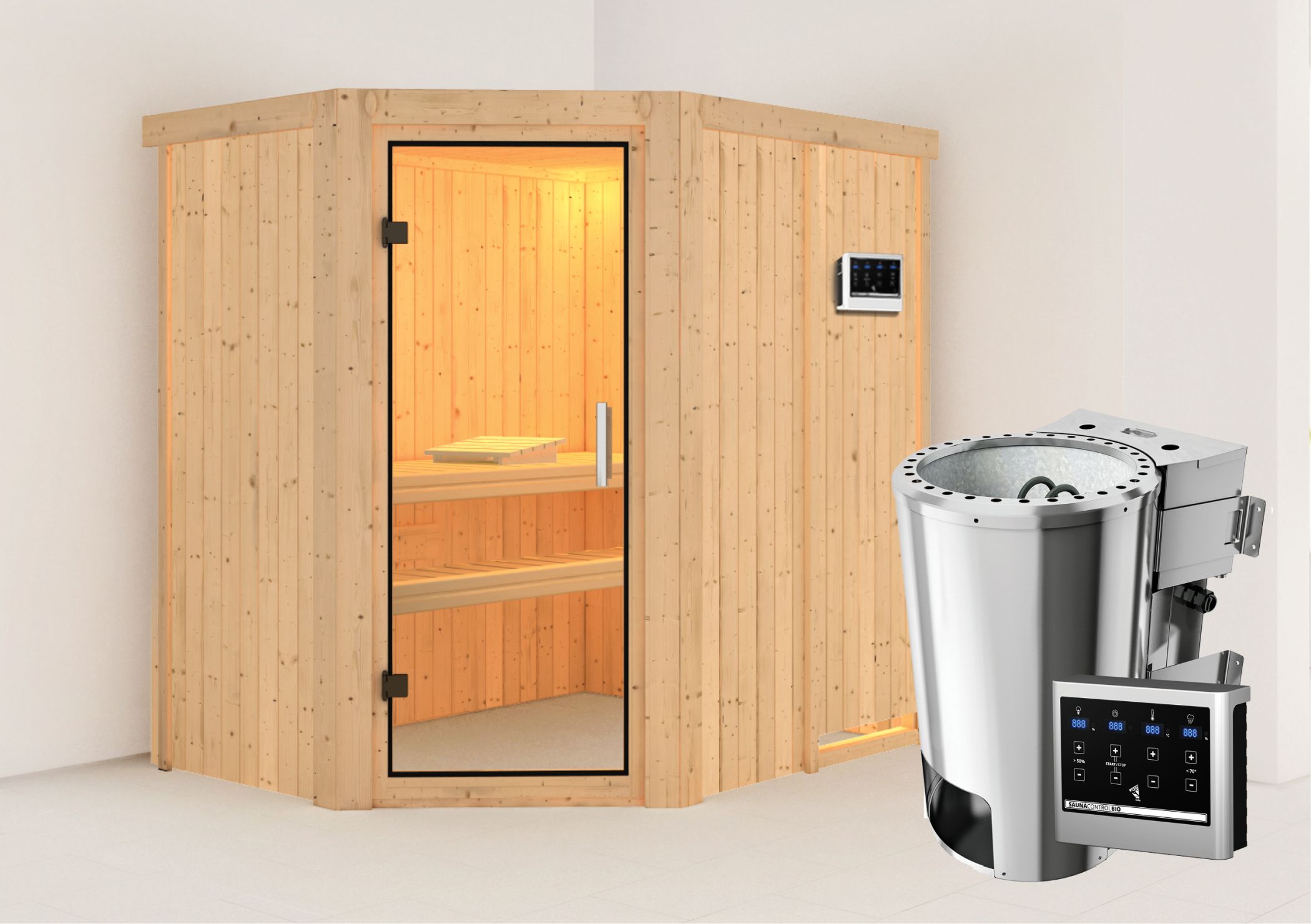 Außenansicht der Karibu Sauna Saja aus nordischer Fichte mit Klarglas-Ganzglastür und Fronteinstieg