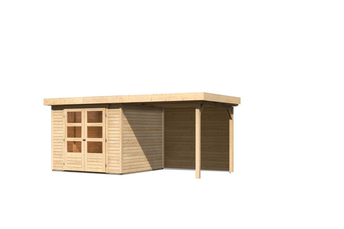 Karibu Gerätehaus Askola 3,5 in Naturbelassen und Anbaudach, Freisteller