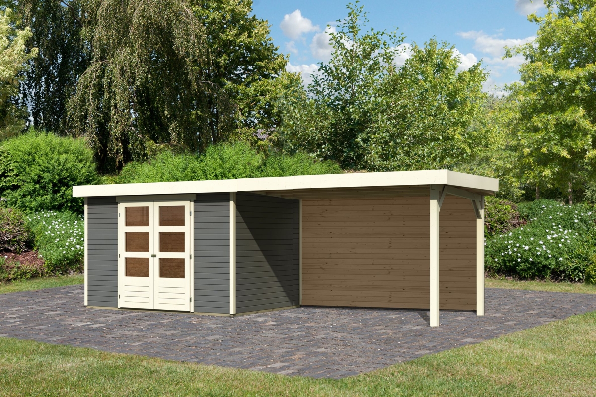 Karibu Gerätehaus Askola 4 in Terragrau und Anbaudach, Außenansicht