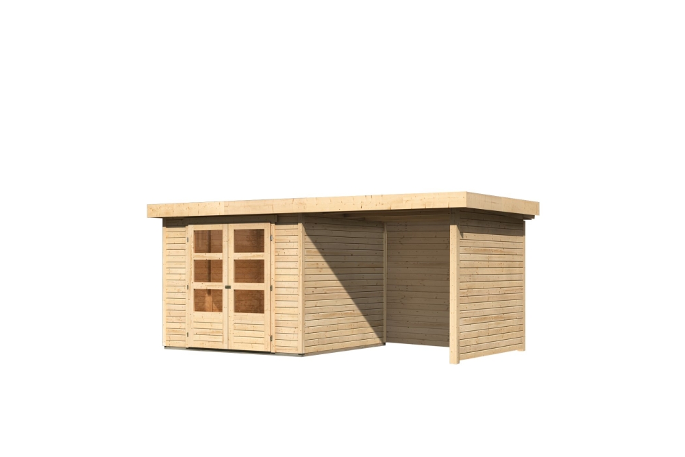 Karibu Gerätehaus Askola 3,5 in Naturbelassen und Anbaudach, Freisteller