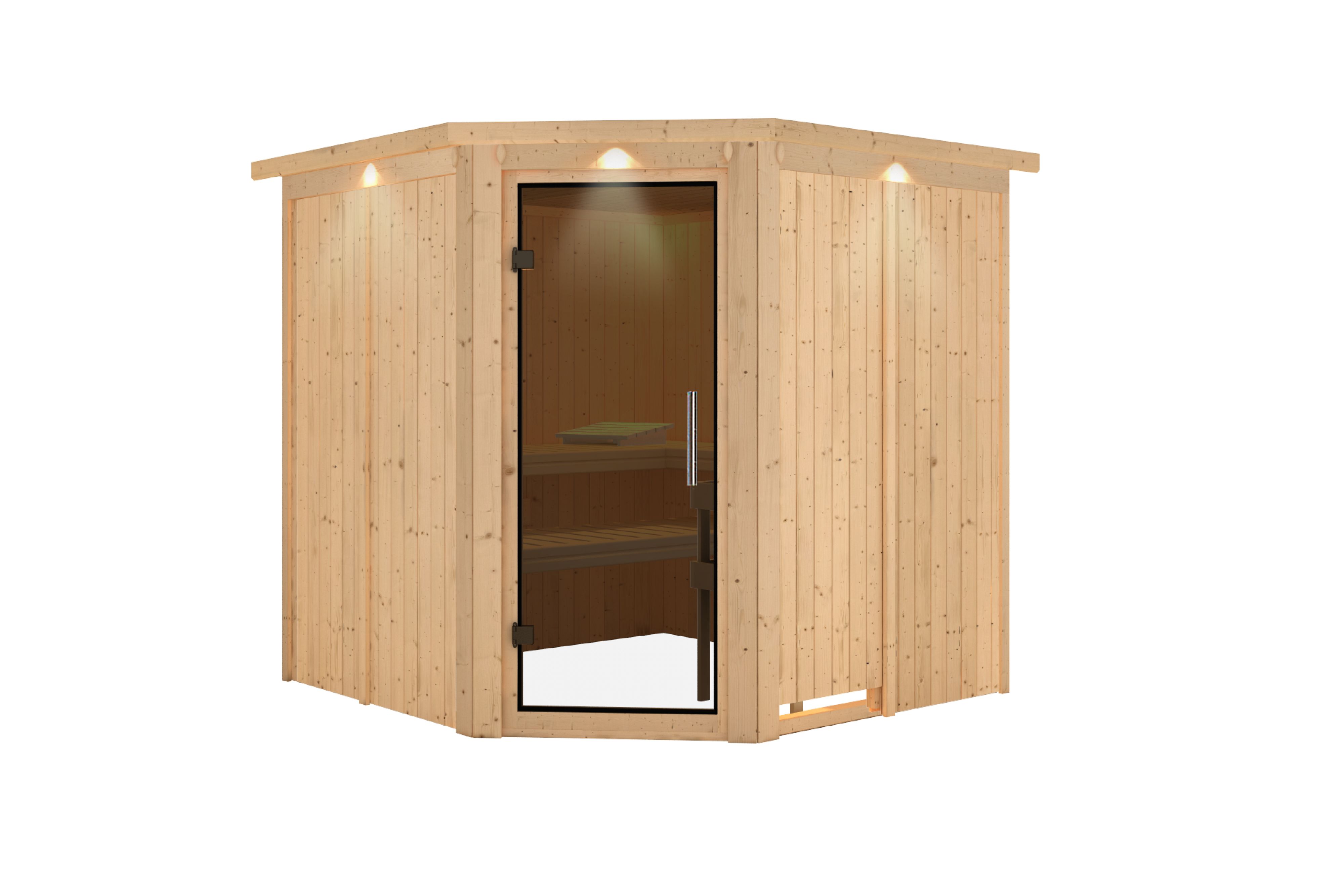 Innenansicht der Karibu Sauna Jarin mit Liegen und Kopfstütze aus hellem Espenholz