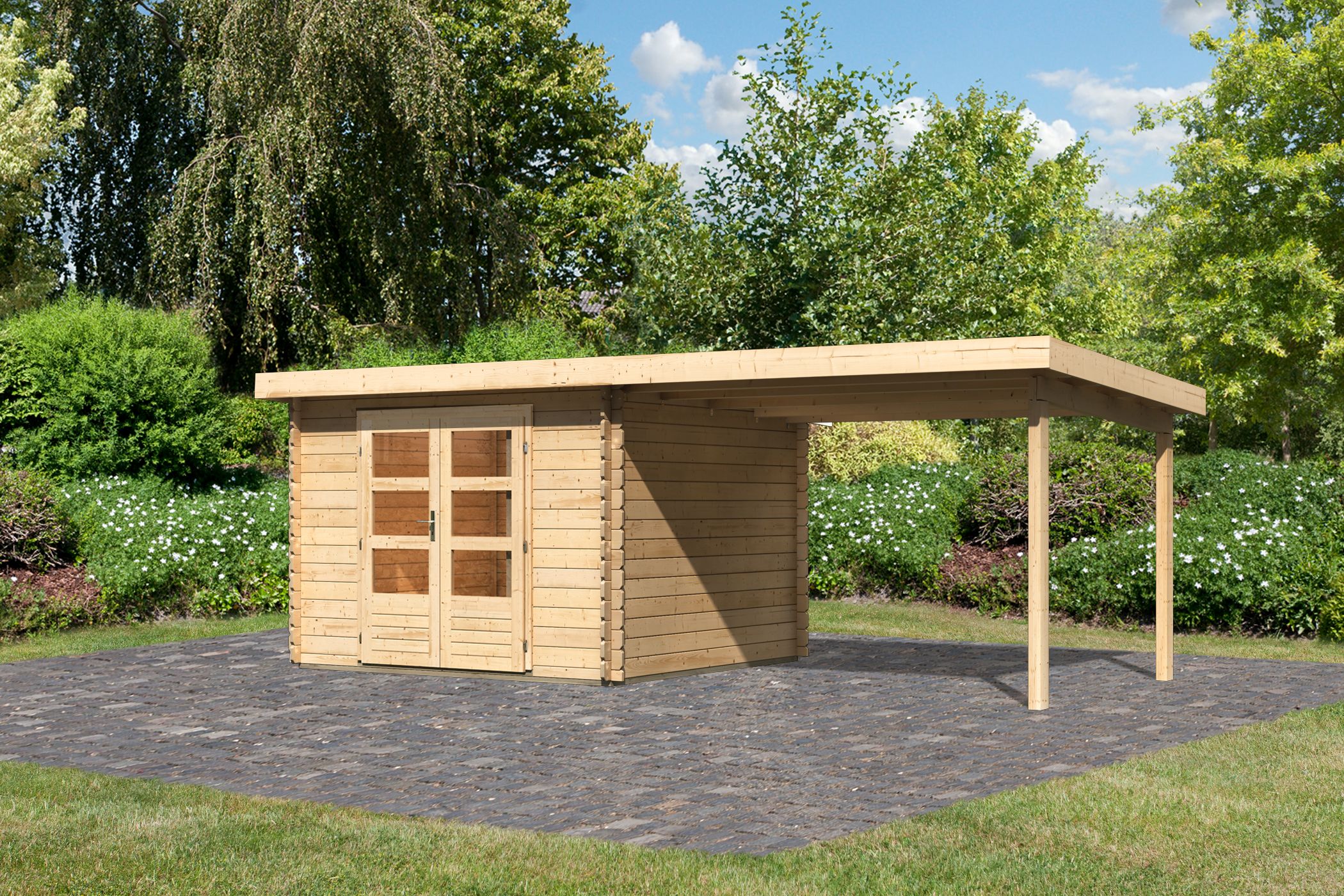 Karibu Gartenhaus Bastrup 5 in Naturbelassen und Anbaudach, Außenansicht